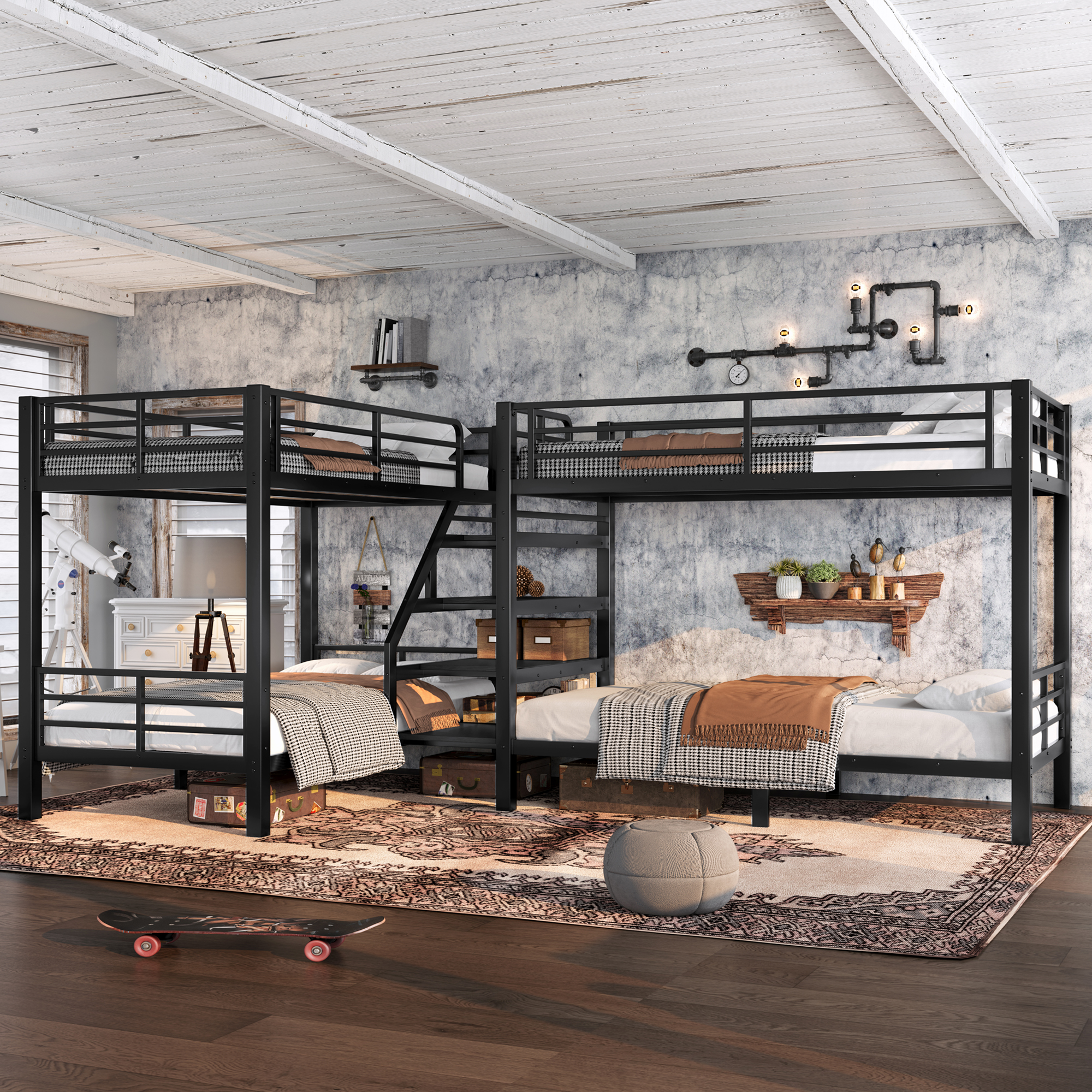 Twin L-Shaped Metal Bunk Bed with Storage Shelves and High-Quality safety Guardrail,Space-Saving,Black. - Image 2