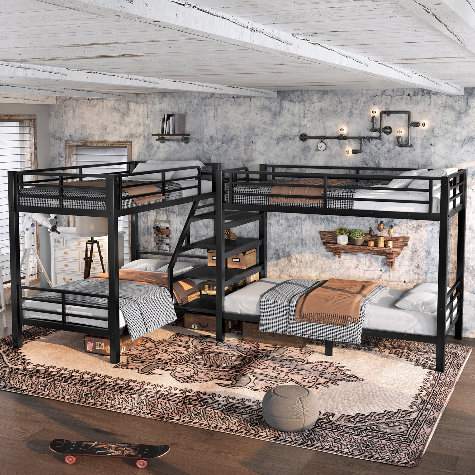 Twin L-Shaped Metal Bunk Bed with Storage Shelves and High-Quality safety Guardrail,Space-Saving,Black. - Image 1