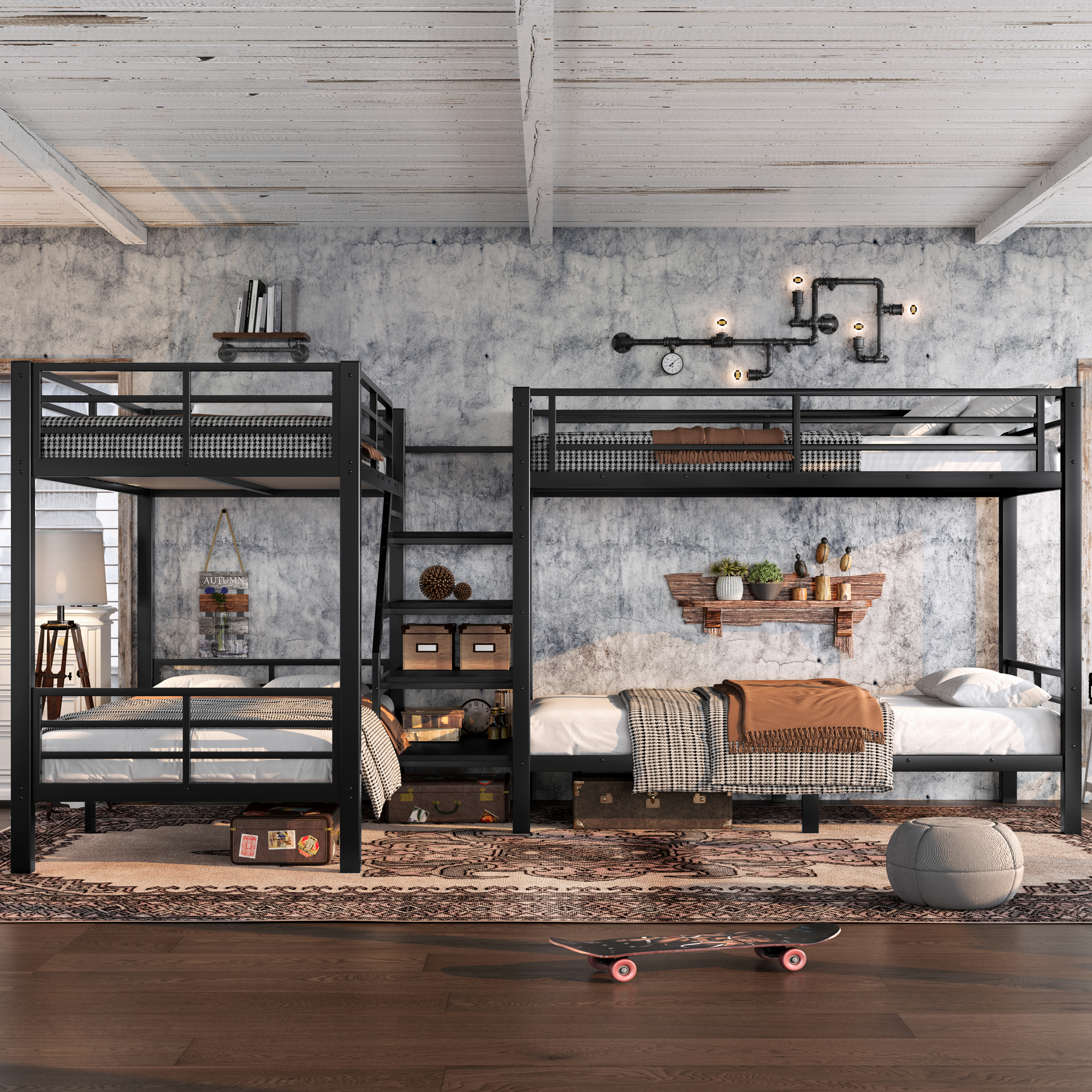 Twin L-Shaped Metal Bunk Bed with Storage Shelves and High-Quality safety Guardrail,Space-Saving,Black. - Image 3