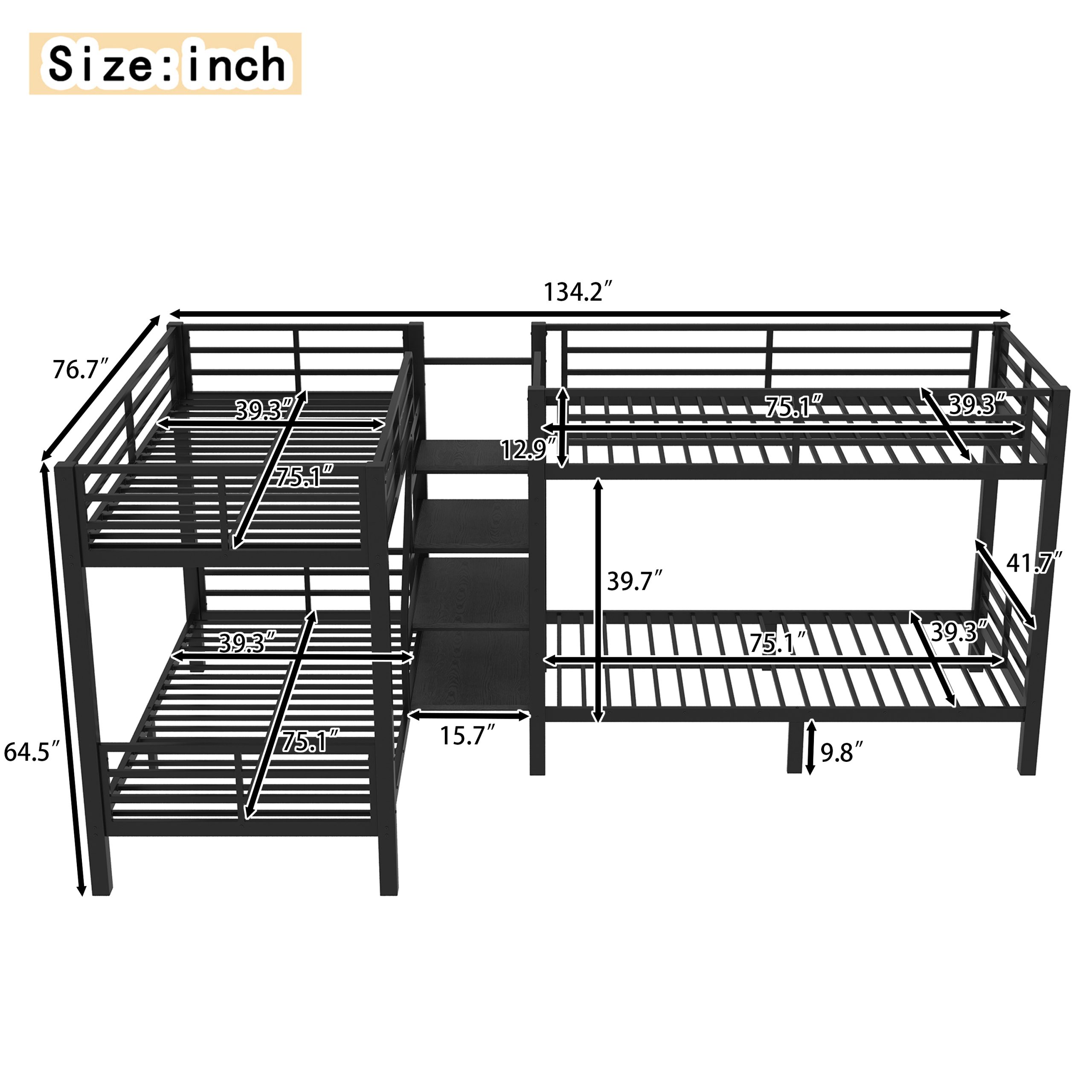 Twin L-Shaped Metal Bunk Bed with Storage Shelves and High-Quality safety Guardrail,Space-Saving,Black. - Image 4
