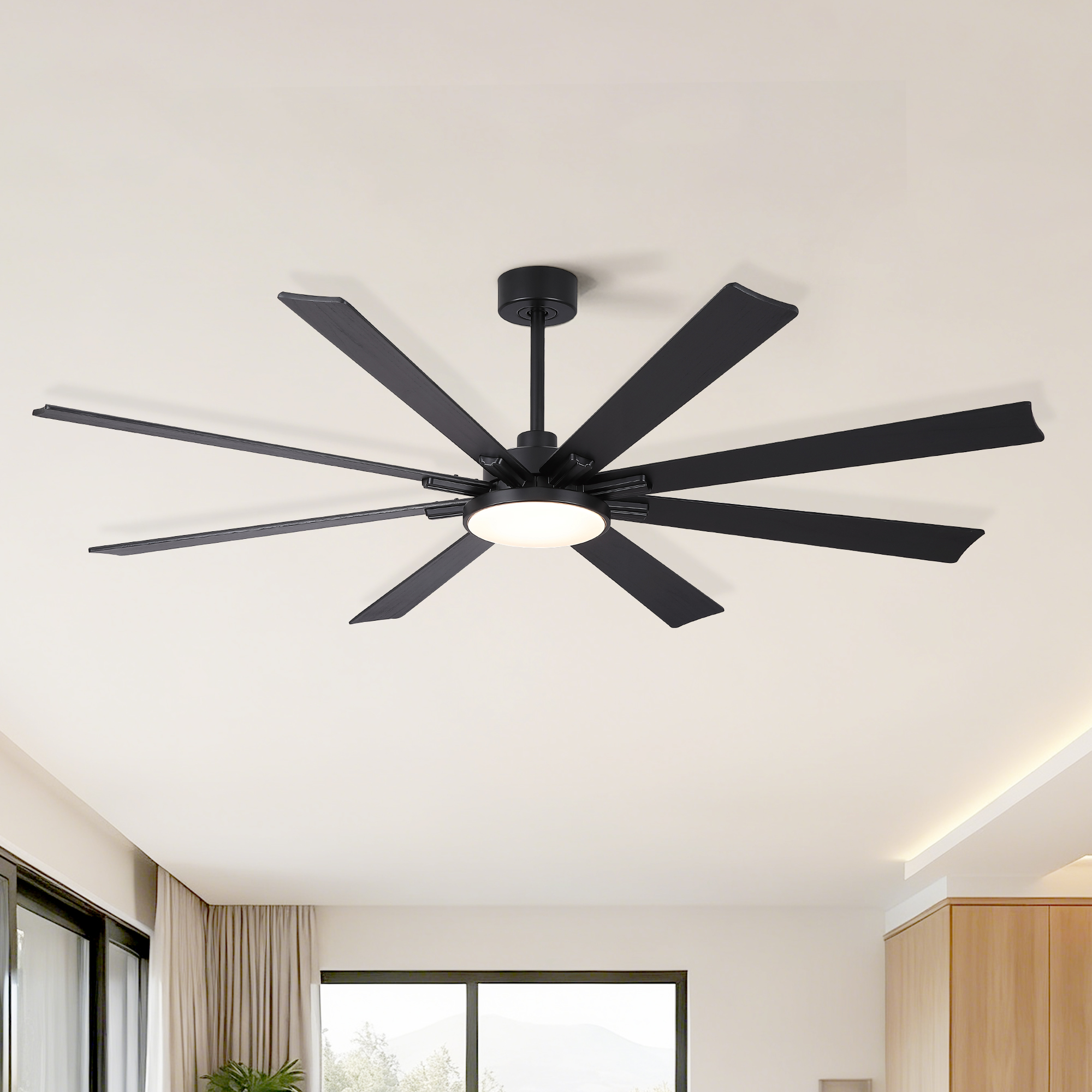 72 inch Mordern Minimalism Black Ceiling Fan with Light and Solid Wood Blades - Image 2