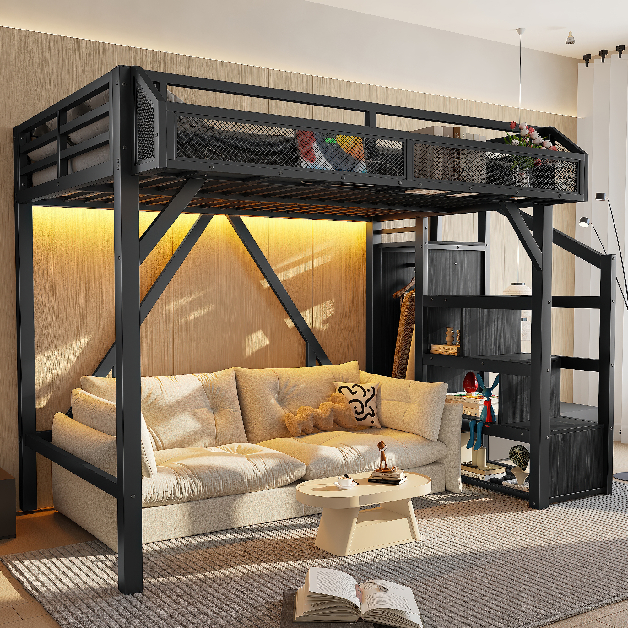 Twin Loft Bed with Storage Stairs, Shelves and Built-in Wardrobe, Metal Loft Bed Frame with USB Ports and LED Lights, Noise-reduced Design, black - Image 2