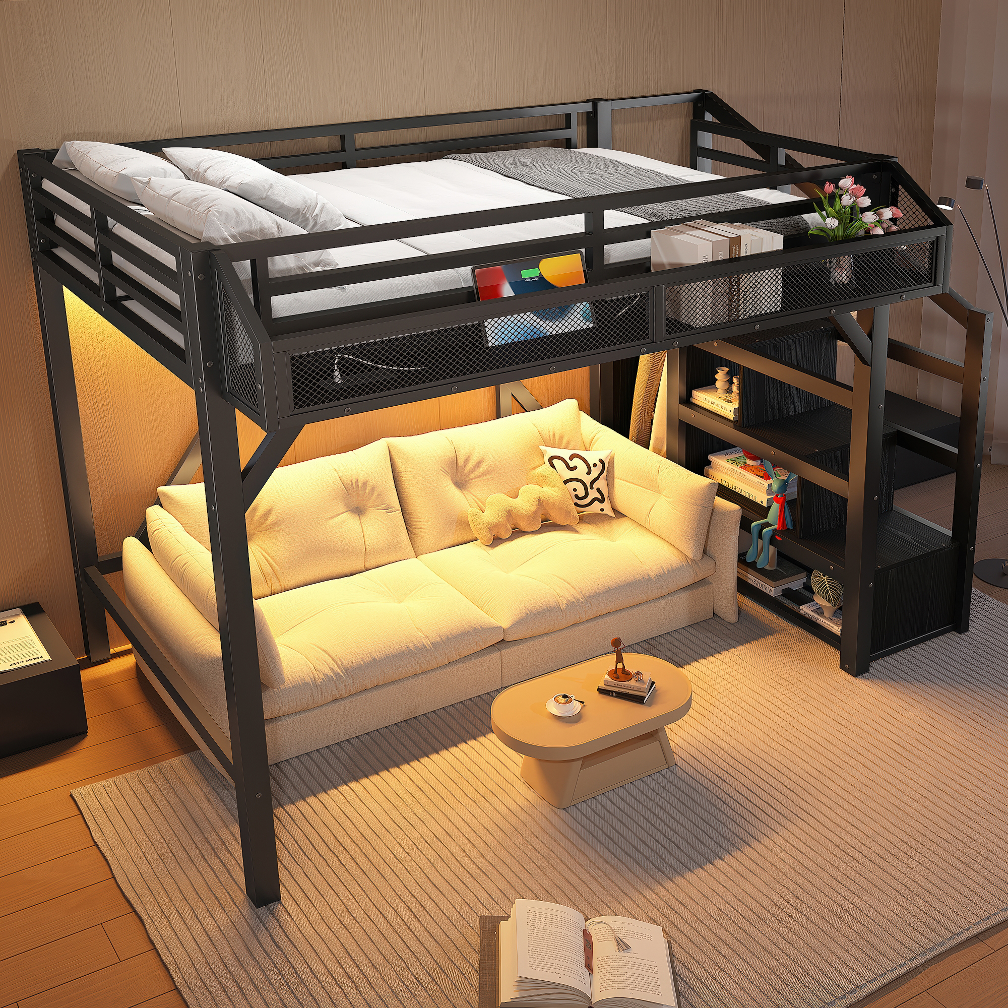 Twin Loft Bed with Storage Stairs, Shelves and Built-in Wardrobe, Metal Loft Bed Frame with USB Ports and LED Lights, Noise-reduced Design, black - Image 3
