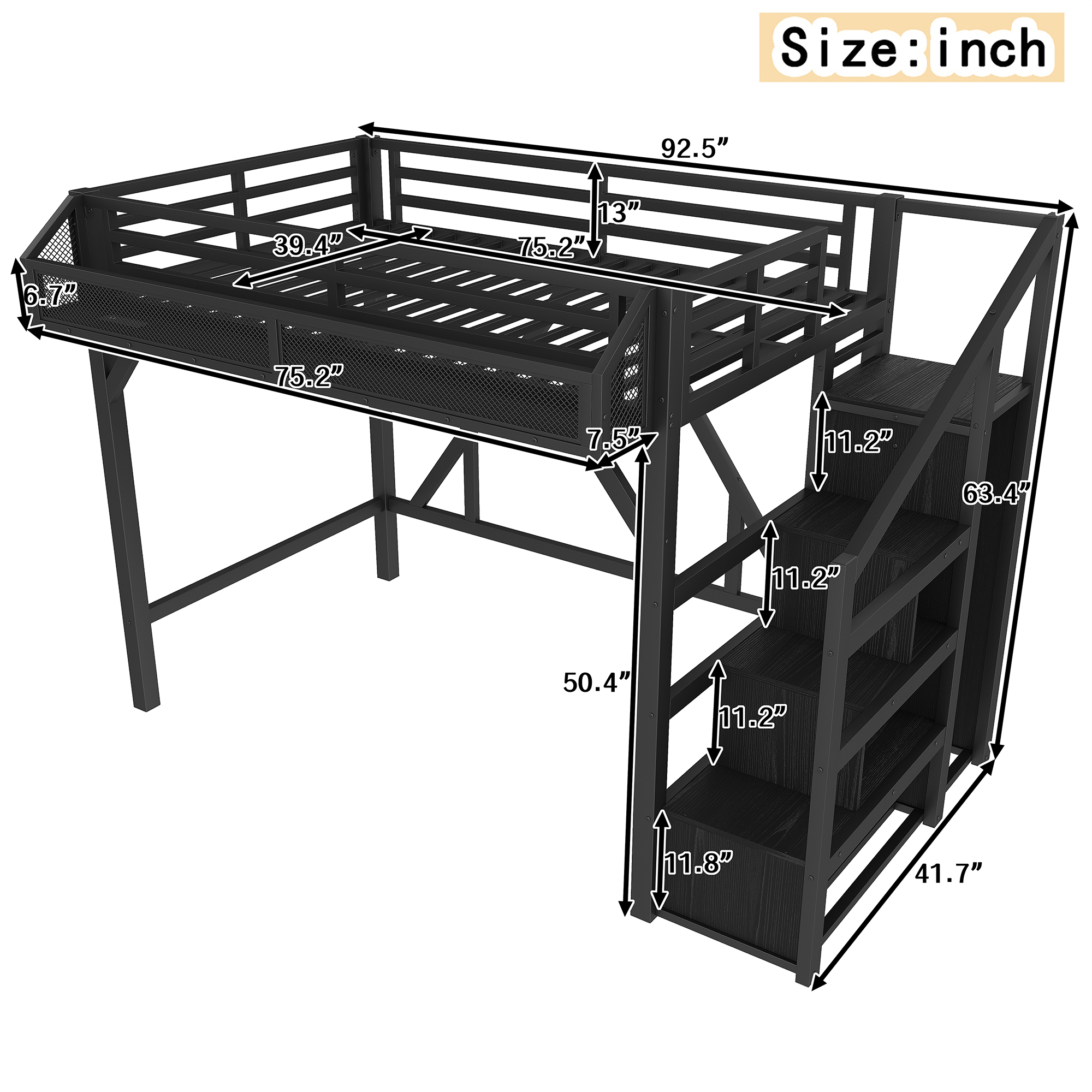 Twin Loft Bed with Storage Stairs, Shelves and Built-in Wardrobe, Metal Loft Bed Frame with USB Ports and LED Lights, Noise-reduced Design, black - Image 4