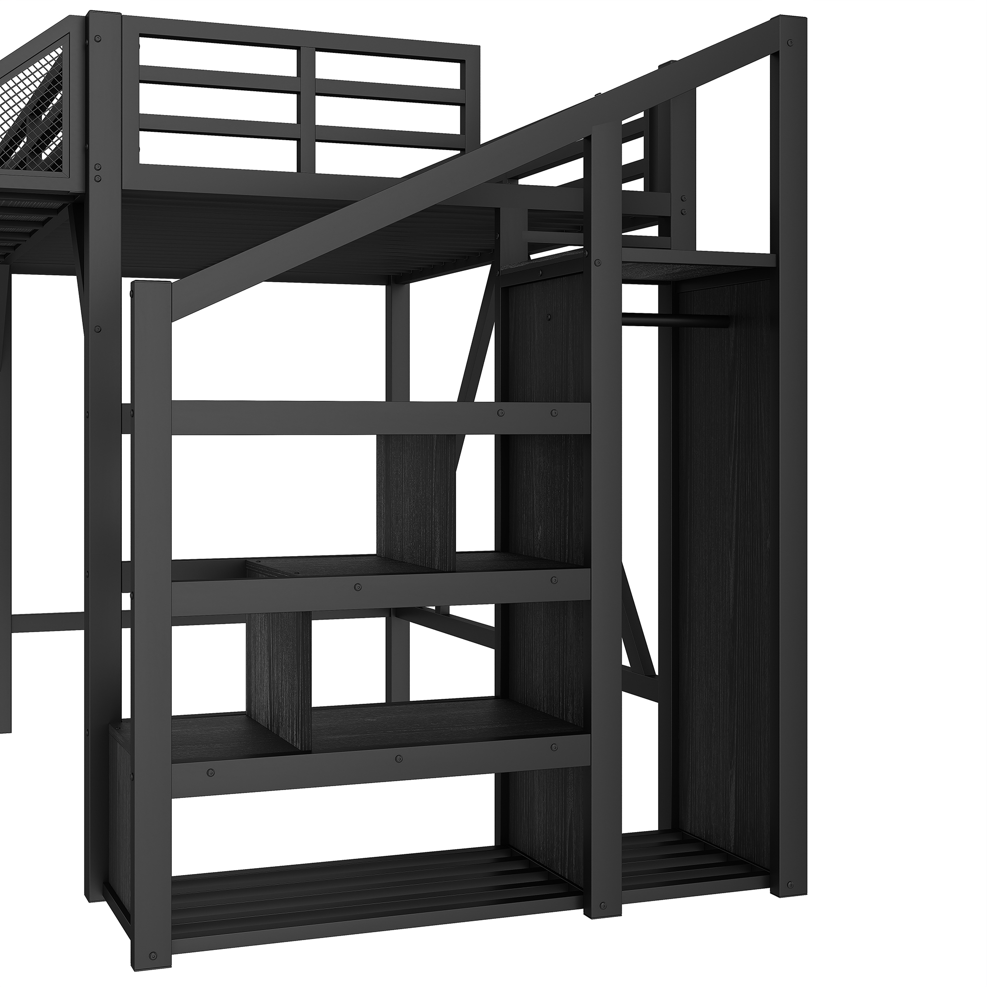 Twin Loft Bed with Storage Stairs, Shelves and Built-in Wardrobe, Metal Loft Bed Frame with USB Ports and LED Lights, Noise-reduced Design, black - Image 5