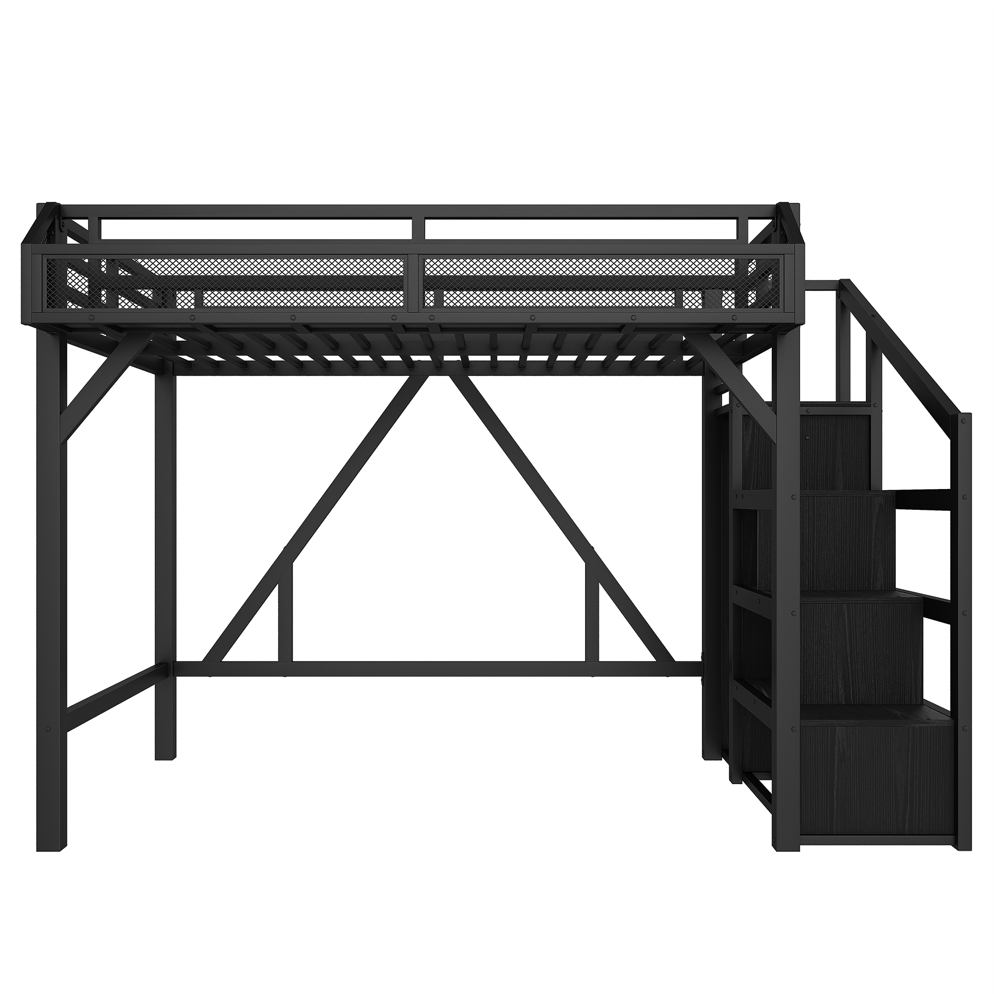 Twin Loft Bed with Storage Stairs, Shelves and Built-in Wardrobe, Metal Loft Bed Frame with USB Ports and LED Lights, Noise-reduced Design, black - Image 6