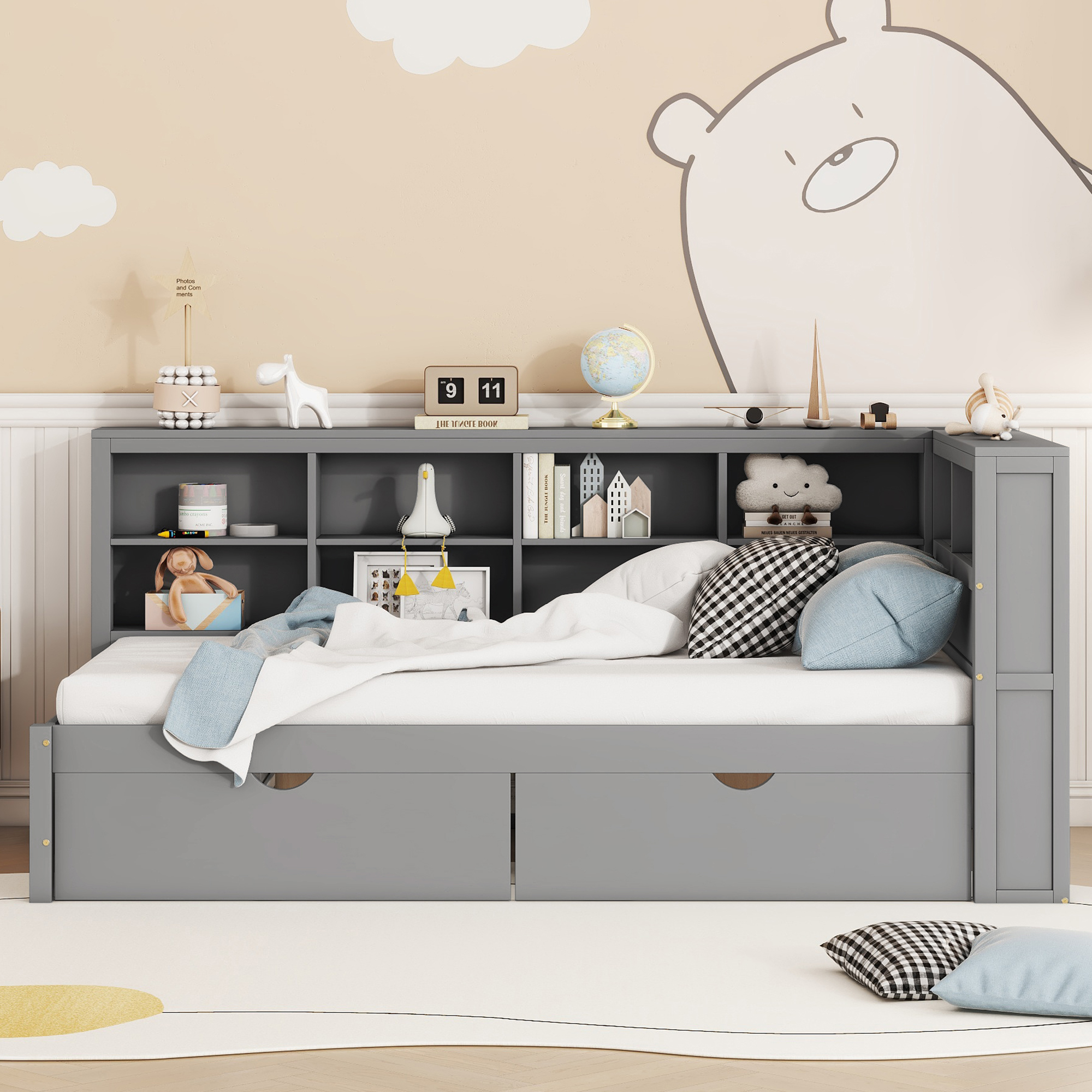 Wooden Twin Size DayBed with 2 Drawers, DayBed with Storage Shelf and USB Charging Ports,Grey(OLD SKU: N733S170510E) - Image 2