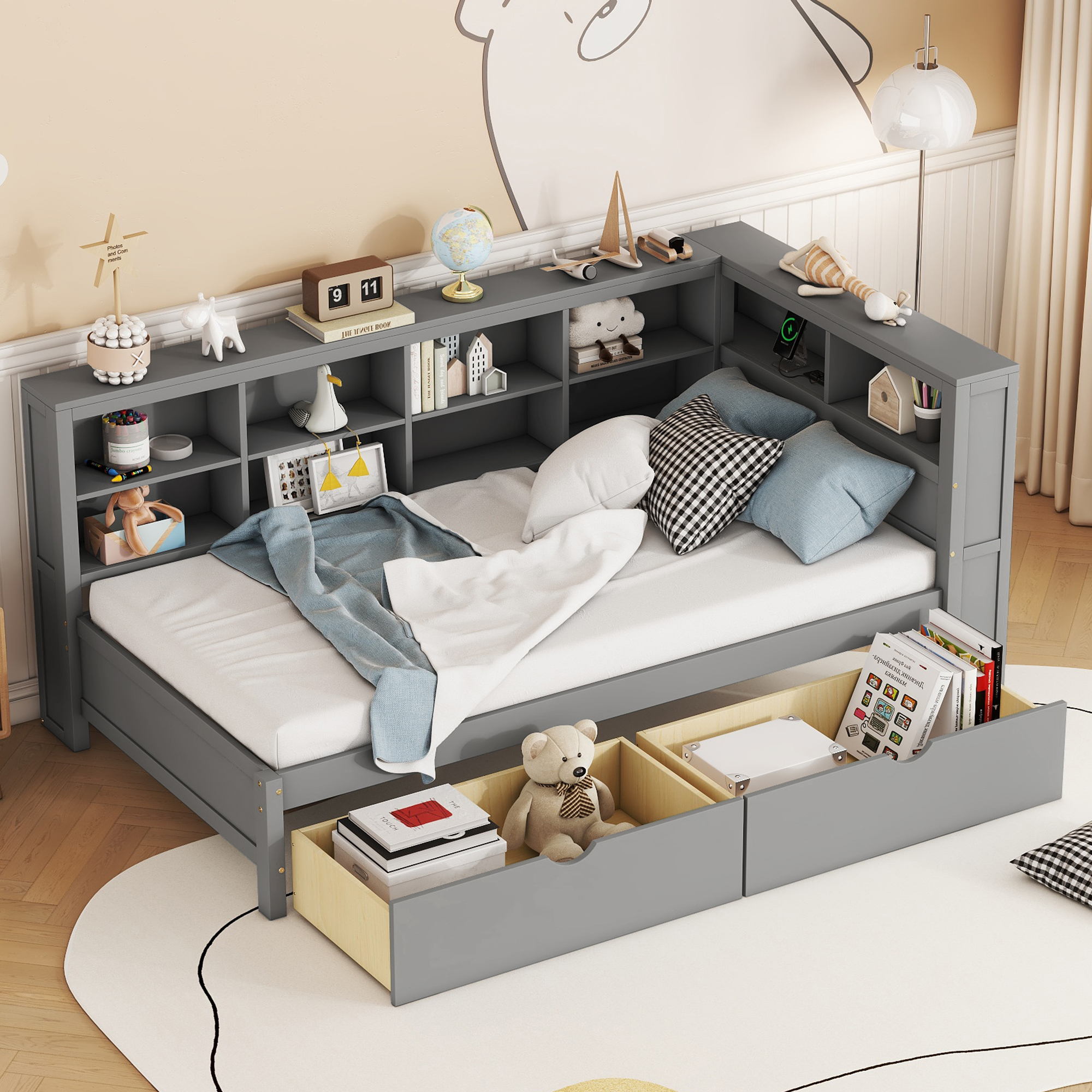 Wooden Twin Size DayBed with 2 Drawers, DayBed with Storage Shelf and USB Charging Ports,Grey(OLD SKU: N733S170510E) - Image 3