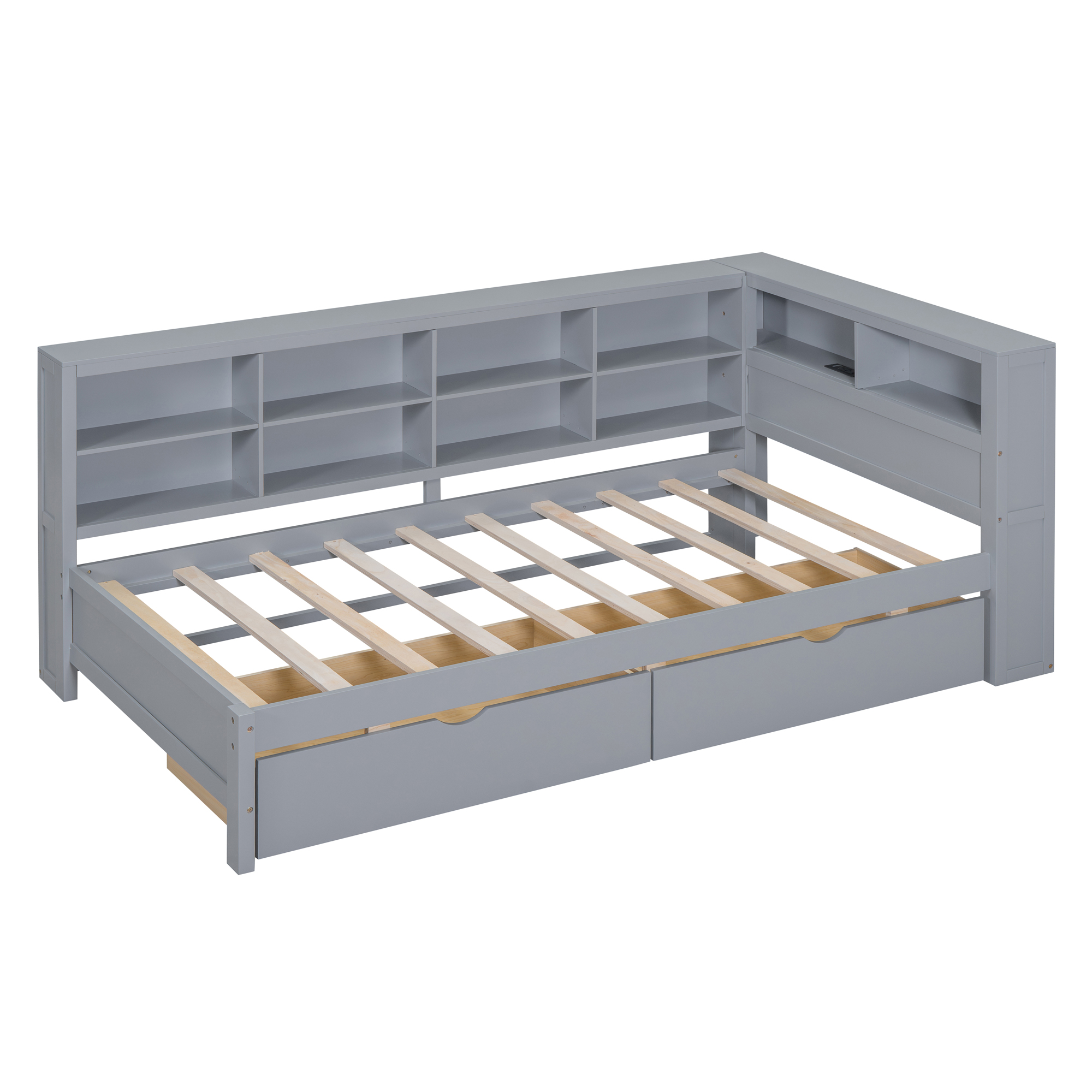 Wooden Twin Size DayBed with 2 Drawers, DayBed with Storage Shelf and USB Charging Ports,Grey(OLD SKU: N733S170510E) - Image 4
