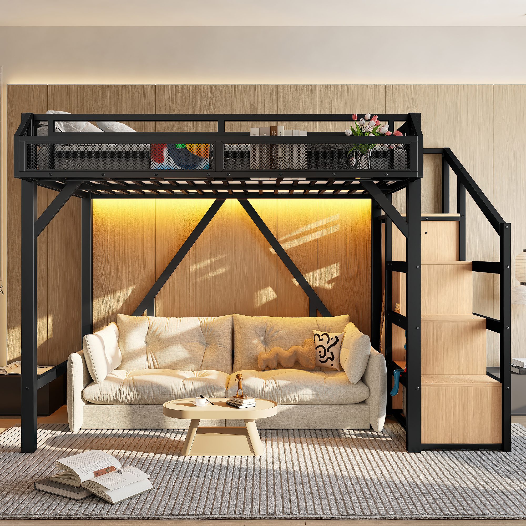 Twin Loft Bed with Storage Stairs, Shelves and Built-in Wardrobe, Metal Loft Bed Frame with USB Ports and LED Lights, Noise-reduced Design, Black - Image 1