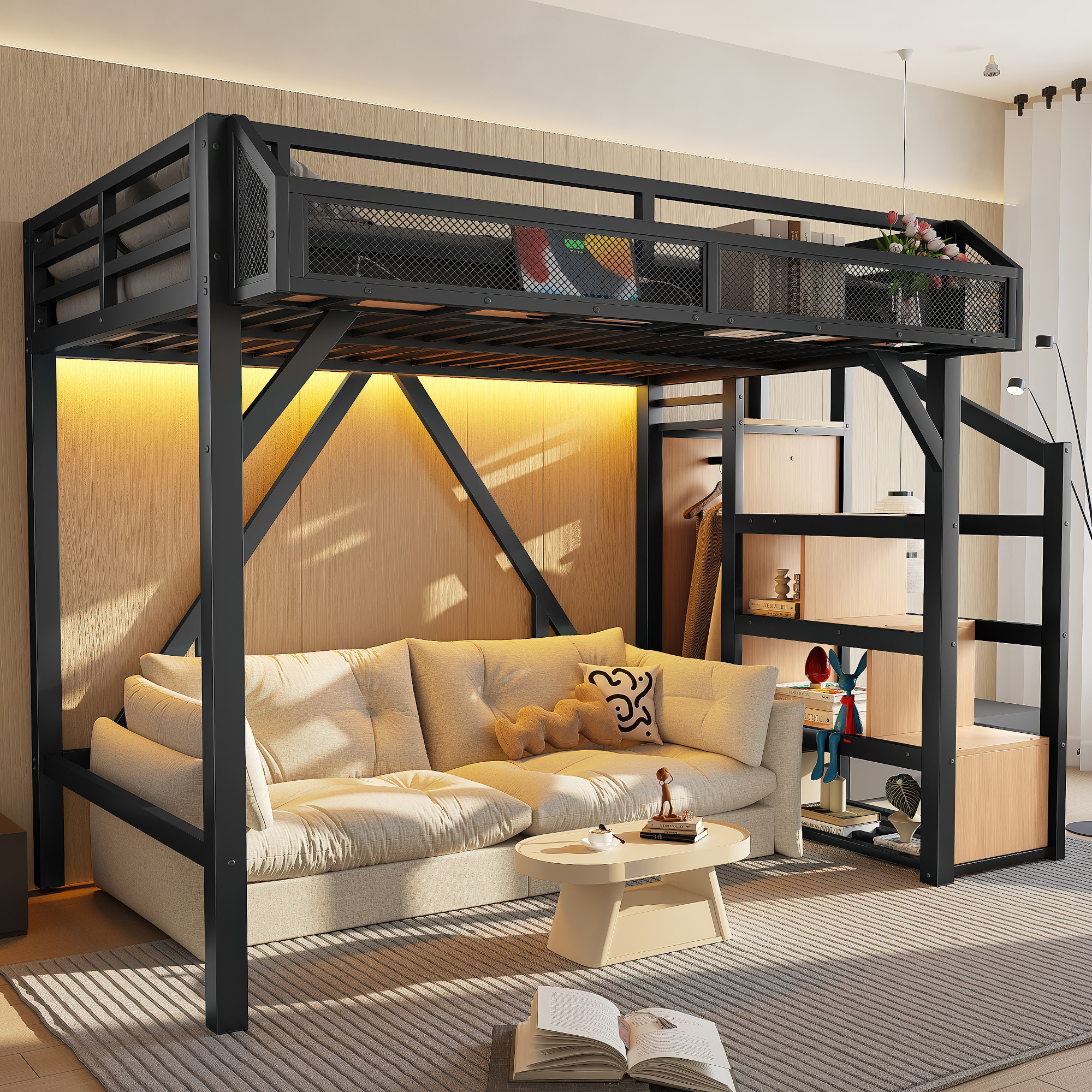 Twin Loft Bed with Storage Stairs, Shelves and Built-in Wardrobe, Metal Loft Bed Frame with USB Ports and LED Lights, Noise-reduced Design, Black - Image 2
