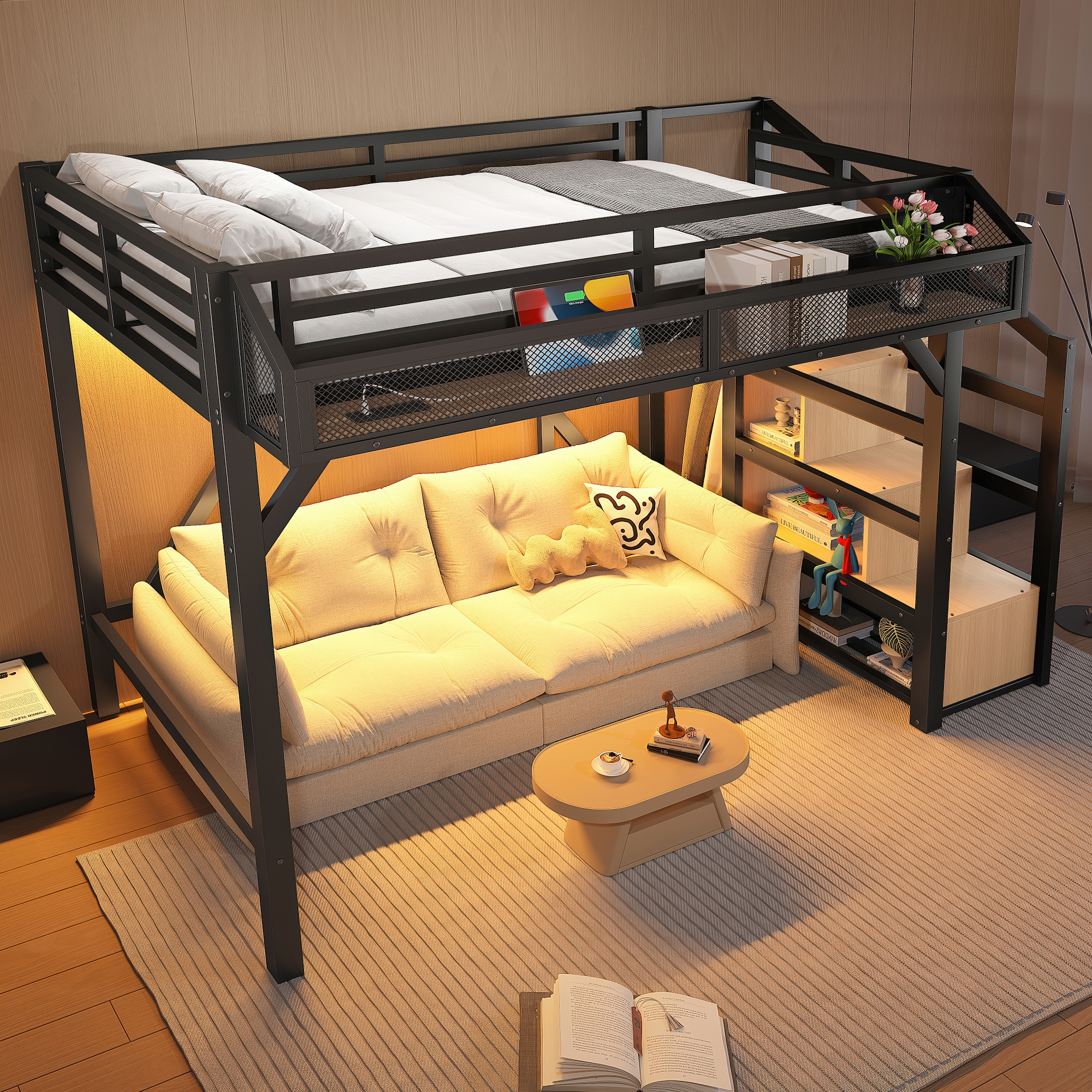 Twin Loft Bed with Storage Stairs, Shelves and Built-in Wardrobe, Metal Loft Bed Frame with USB Ports and LED Lights, Noise-reduced Design, Black - Image 3