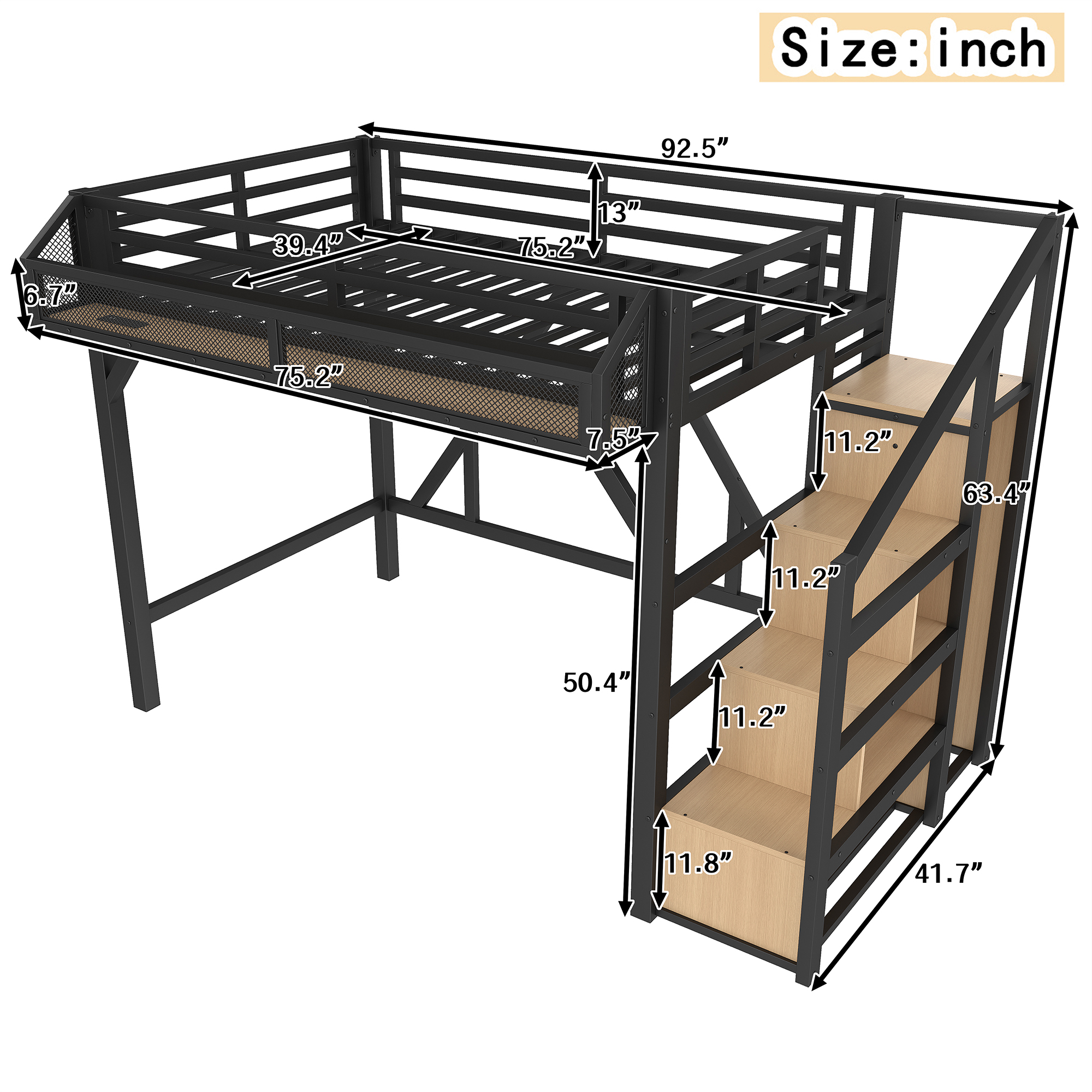 Twin Loft Bed with Storage Stairs, Shelves and Built-in Wardrobe, Metal Loft Bed Frame with USB Ports and LED Lights, Noise-reduced Design, Black - Image 4