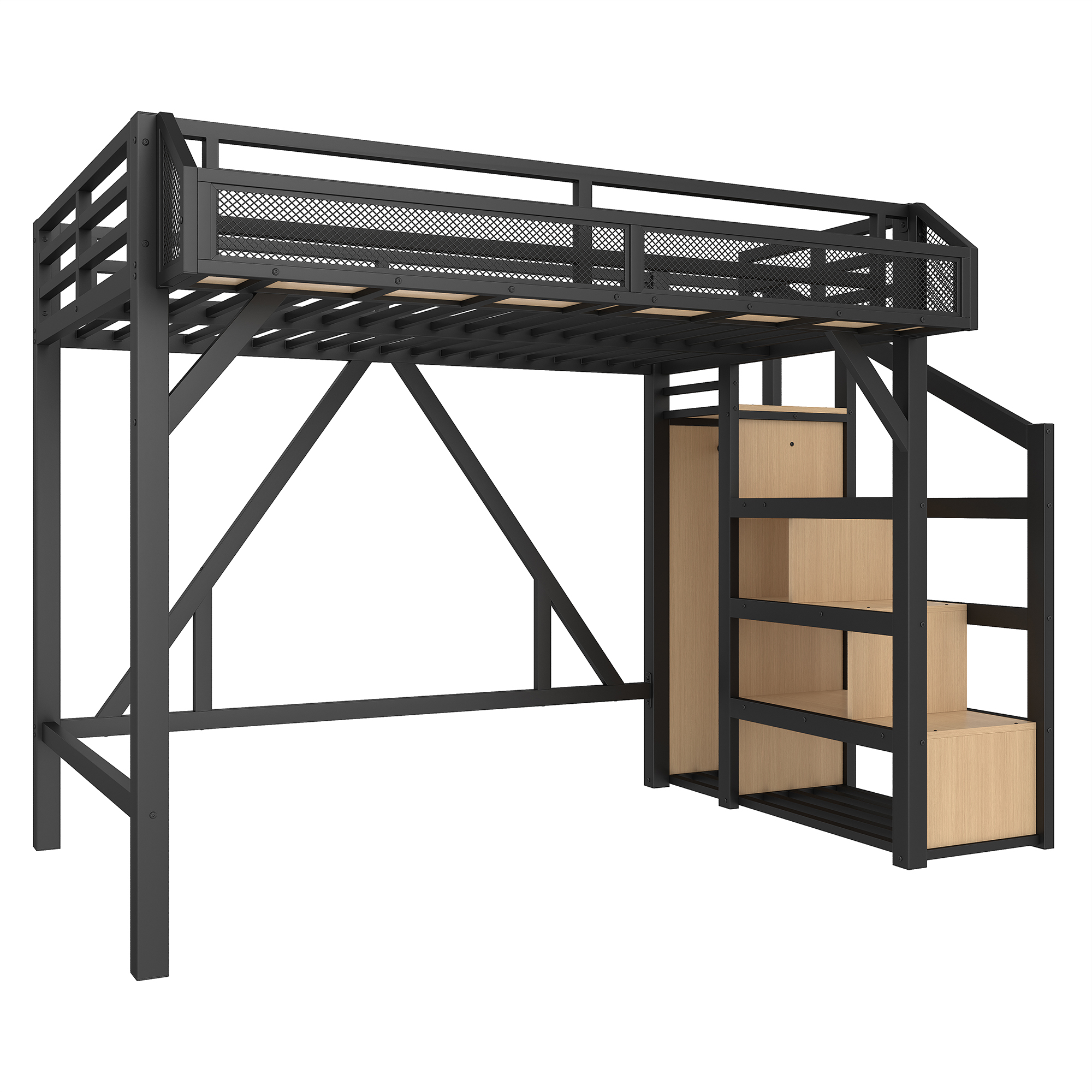 Twin Loft Bed with Storage Stairs, Shelves and Built-in Wardrobe, Metal Loft Bed Frame with USB Ports and LED Lights, Noise-reduced Design, Black - Image 6