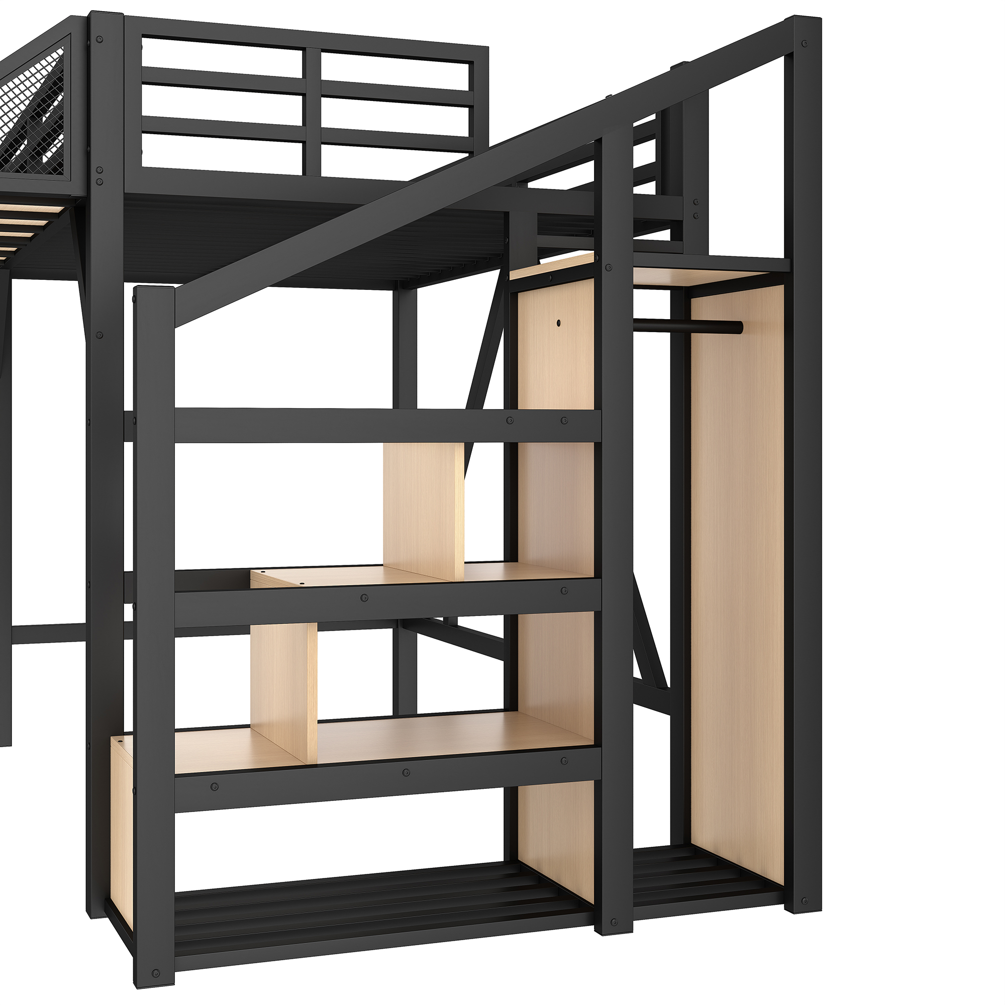 Twin Loft Bed with Storage Stairs, Shelves and Built-in Wardrobe, Metal Loft Bed Frame with USB Ports and LED Lights, Noise-reduced Design, Black - Image 5