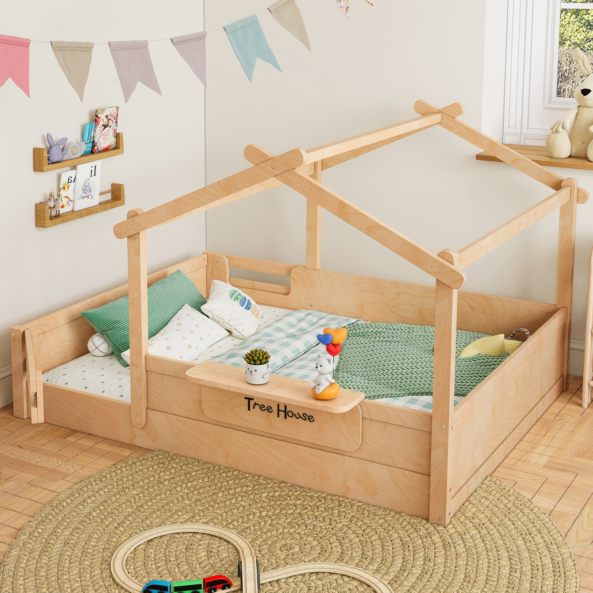 Full Size Floor Bed with Guardrails and Roof, Kids House Floor Bed with a Small Built-in Tray and Free-installed Signboard, Childlike Design, Natural - Image 3
