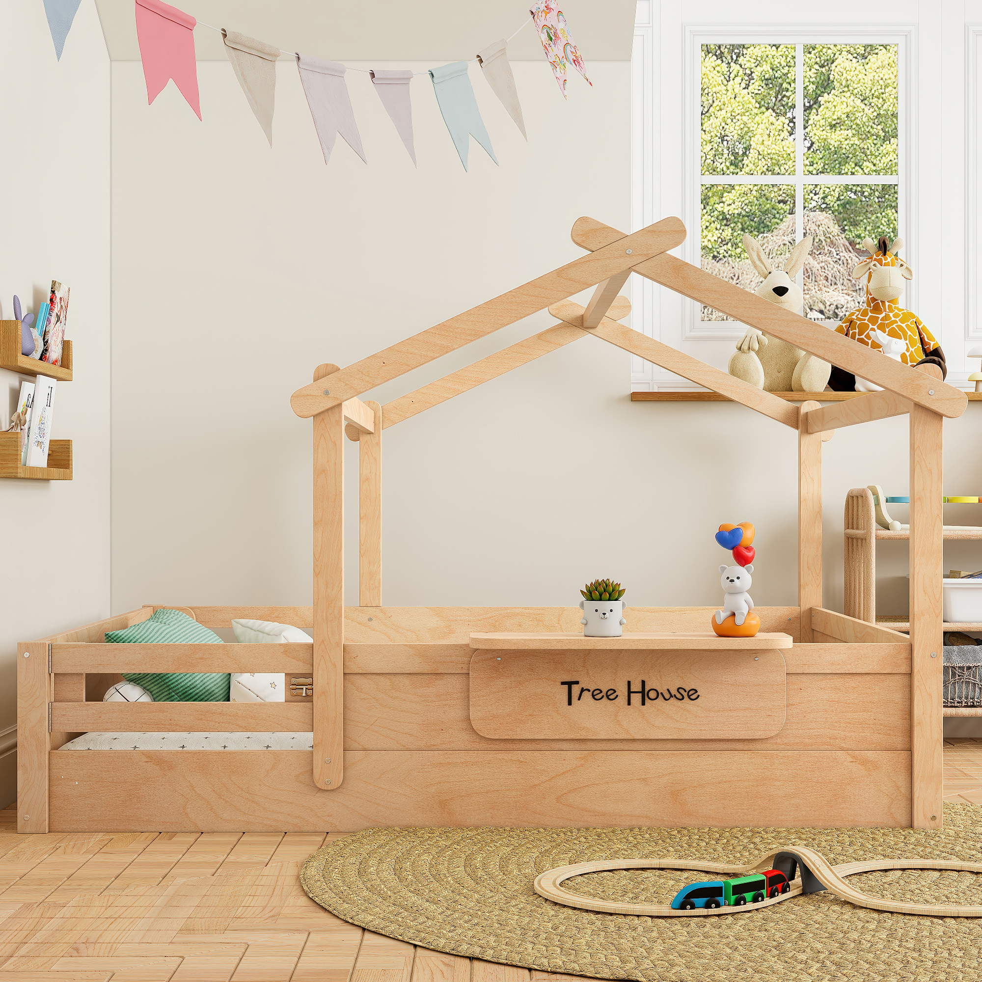 Full Size Floor Bed with Guardrails and Roof, Kids House Floor Bed with a Small Built-in Tray and Free-installed Signboard, Childlike Design, Natural - Image 2