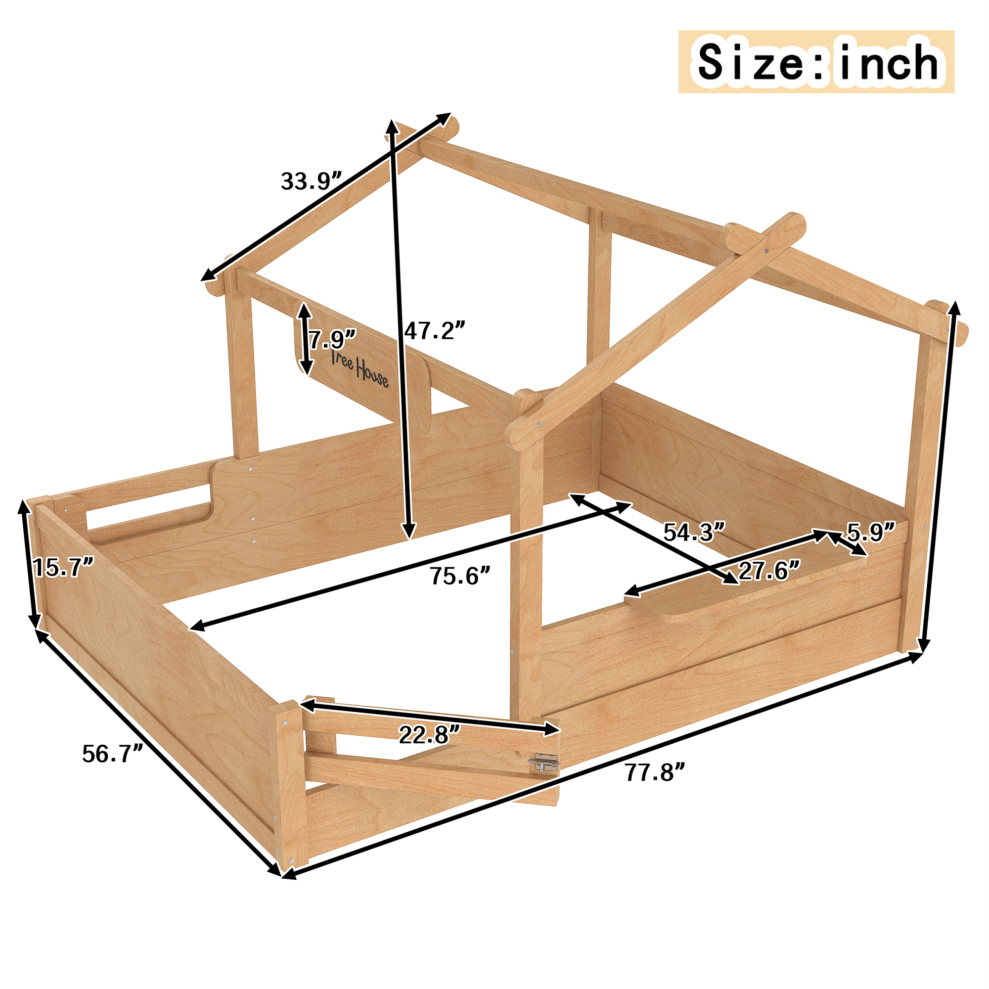 Full Size Floor Bed with Guardrails and Roof, Kids House Floor Bed with a Small Built-in Tray and Free-installed Signboard, Childlike Design, Natural - Image 4