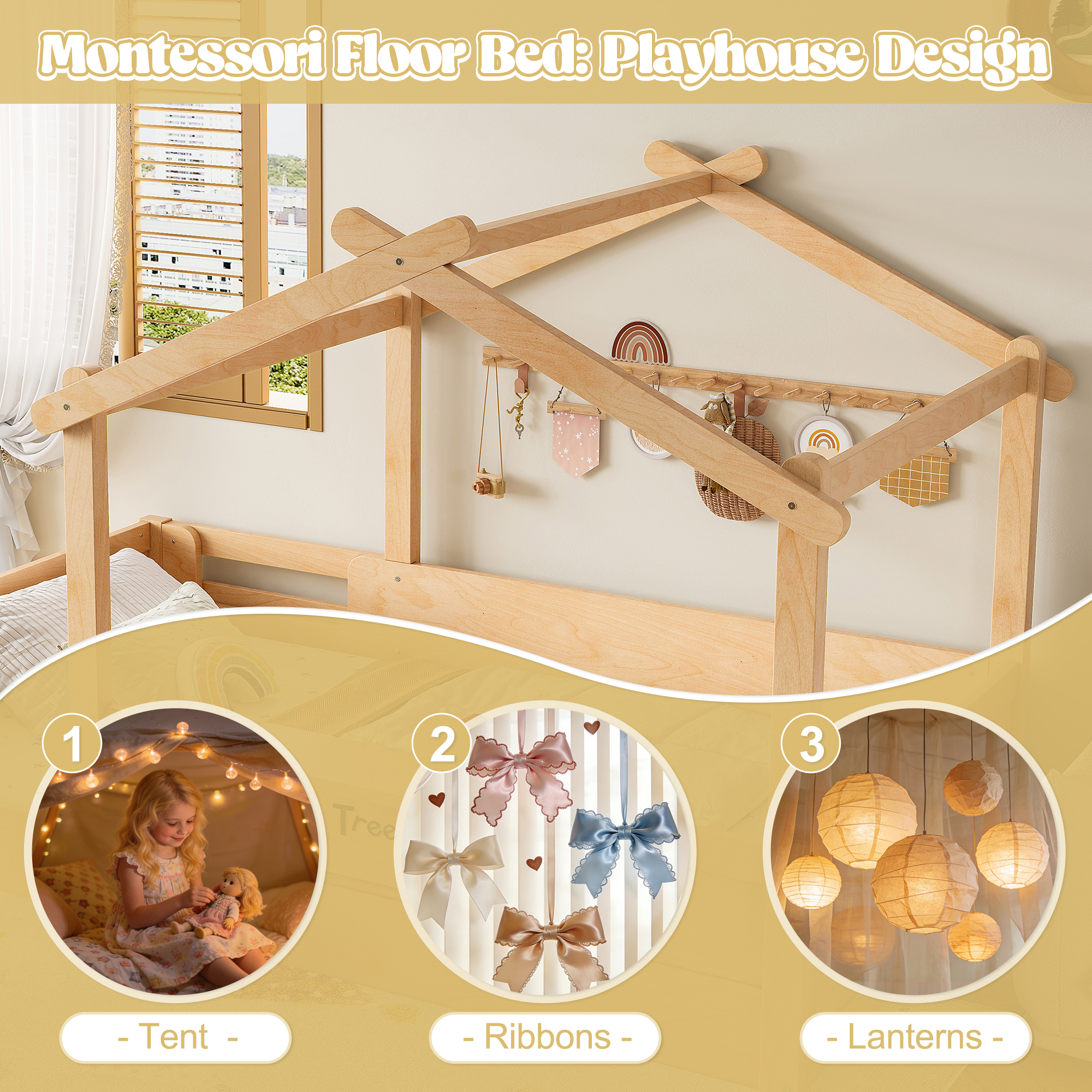 Queen Size Floor Bed with Guardrails and Roof, Kids House Floor Bed with a Small Built-in Tray and Free-installed Signboard, Childlike Design,Natural - Image 5