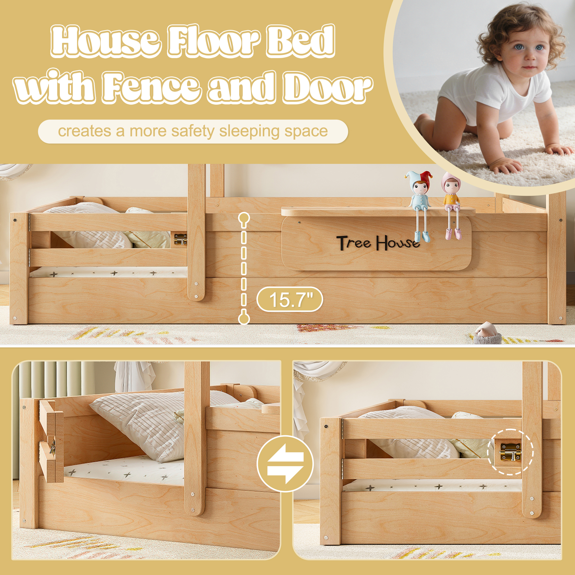 Queen Size Floor Bed with Guardrails and Roof, Kids House Floor Bed with a Small Built-in Tray and Free-installed Signboard, Childlike Design,Natural - Image 6