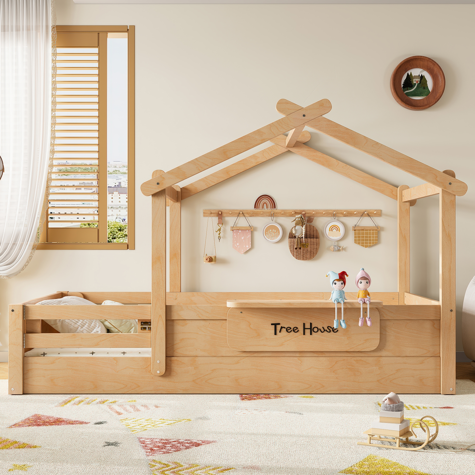 Twin Size Floor Bed with Guardrails and Roof, Kids House Floor Bed with a Small Built-in Tray and Free-installed Signboard, Childlike Design, Natural - Image 3