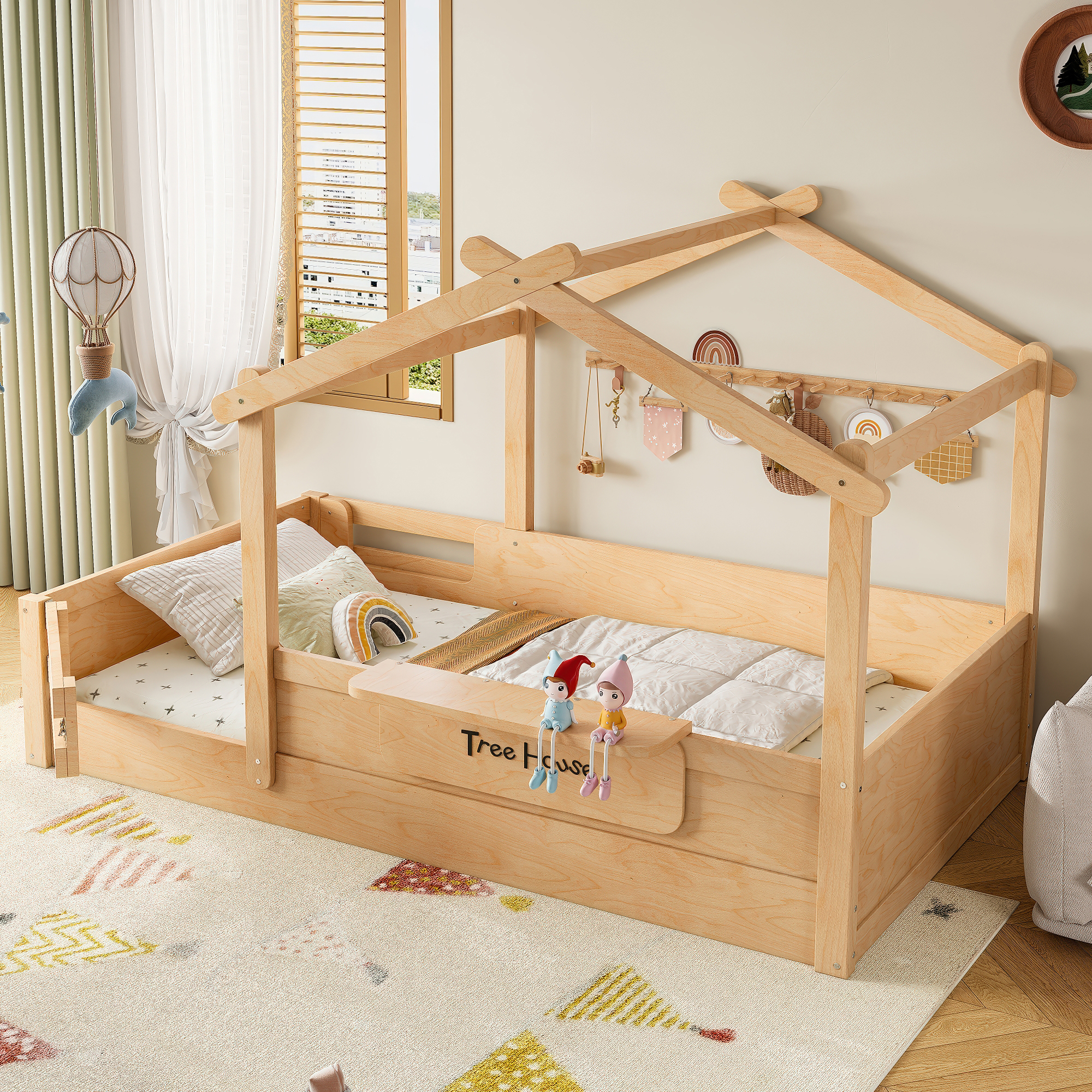 Twin Size Floor Bed with Guardrails and Roof, Kids House Floor Bed with a Small Built-in Tray and Free-installed Signboard, Childlike Design, Natural - Image 2