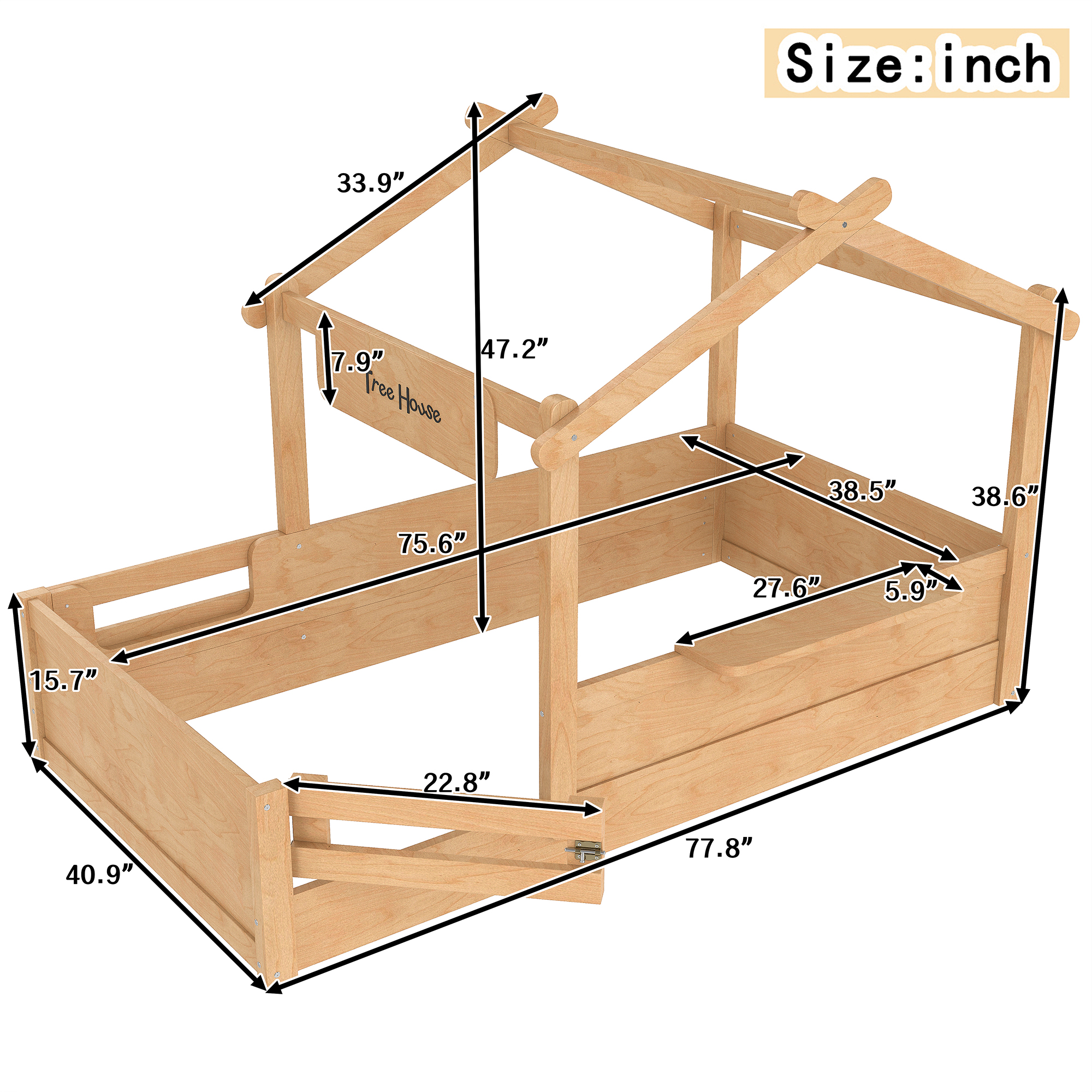 Twin Size Floor Bed with Guardrails and Roof, Kids House Floor Bed with a Small Built-in Tray and Free-installed Signboard, Childlike Design, Natural - Image 4