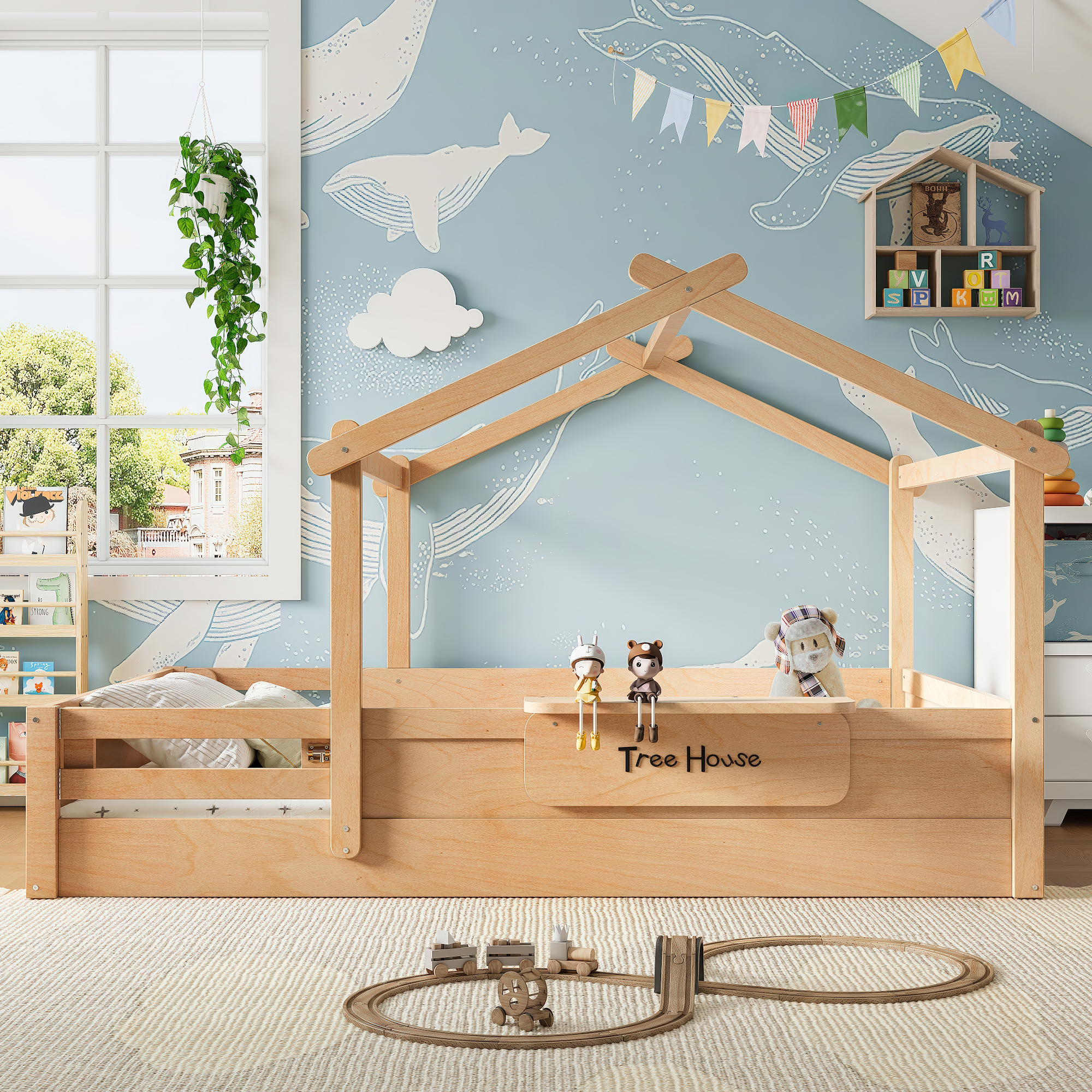 Queen Size Floor Bed with Guardrails and Roof, Kids House Floor Bed with a Small Built-in Tray and Free-installed Signboard, Childlike Design,Natural - Image 1