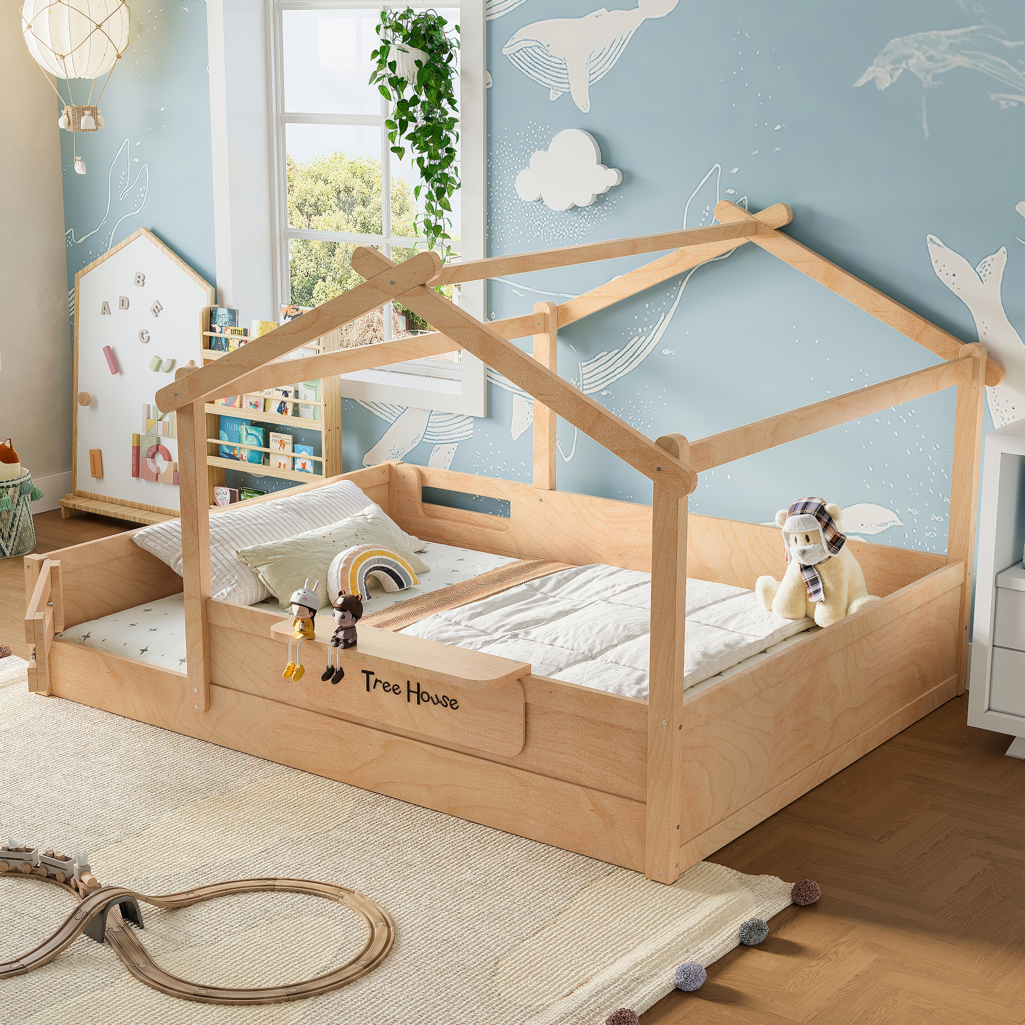 Queen Size Floor Bed with Guardrails and Roof, Kids House Floor Bed with a Small Built-in Tray and Free-installed Signboard, Childlike Design,Natural - Image 2