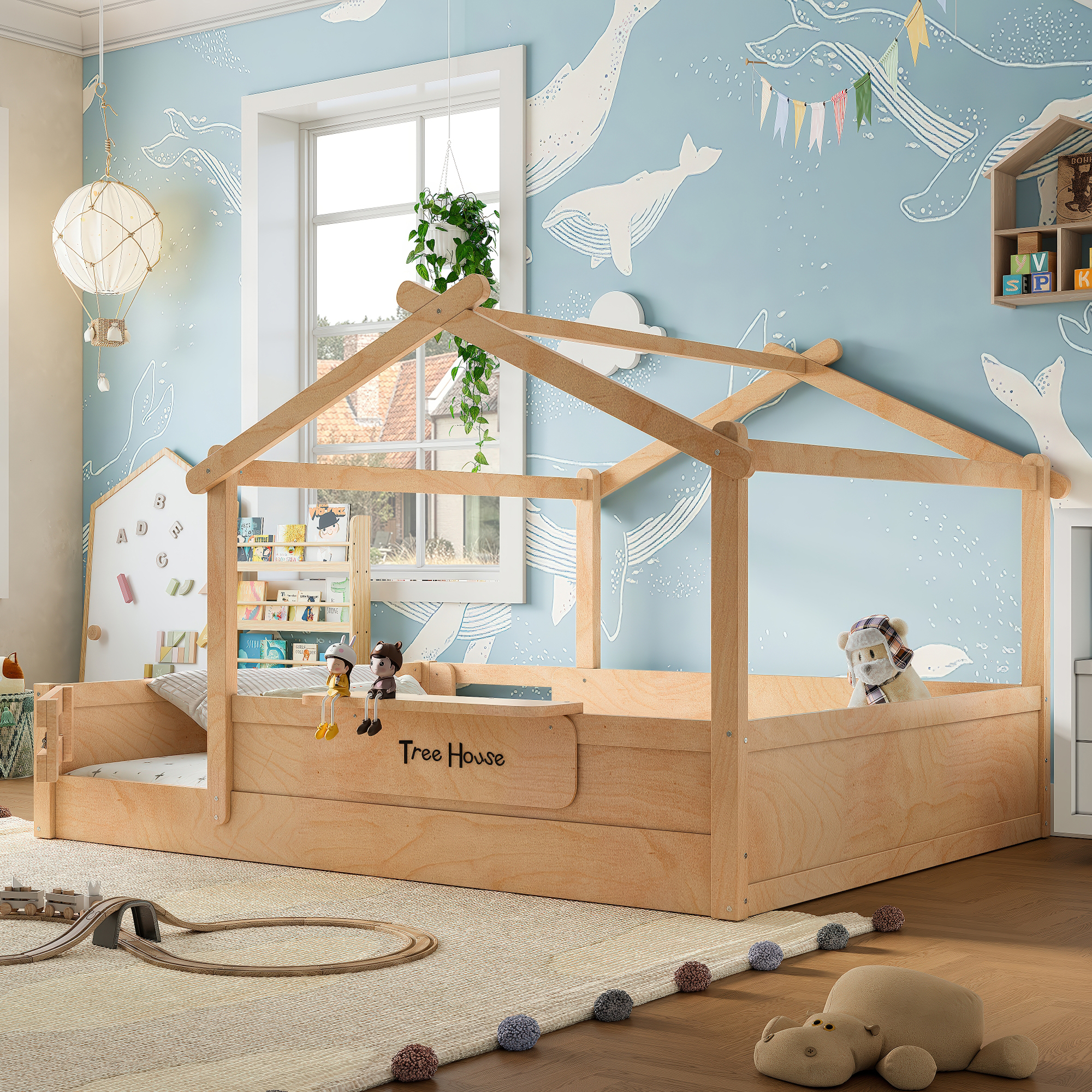 Queen Size Floor Bed with Guardrails and Roof, Kids House Floor Bed with a Small Built-in Tray and Free-installed Signboard, Childlike Design,Natural - Image 3