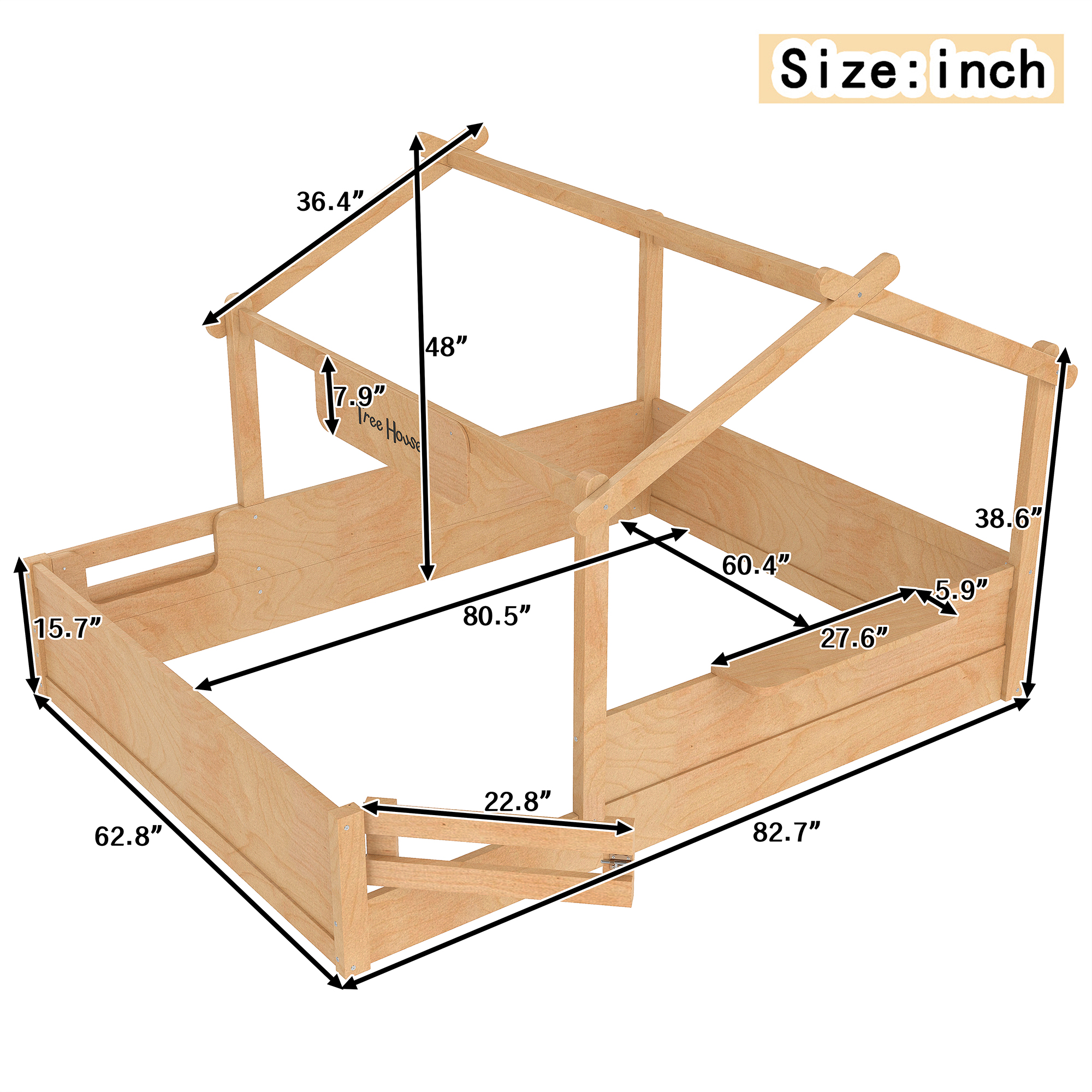 Queen Size Floor Bed with Guardrails and Roof, Kids House Floor Bed with a Small Built-in Tray and Free-installed Signboard, Childlike Design,Natural - Image 4