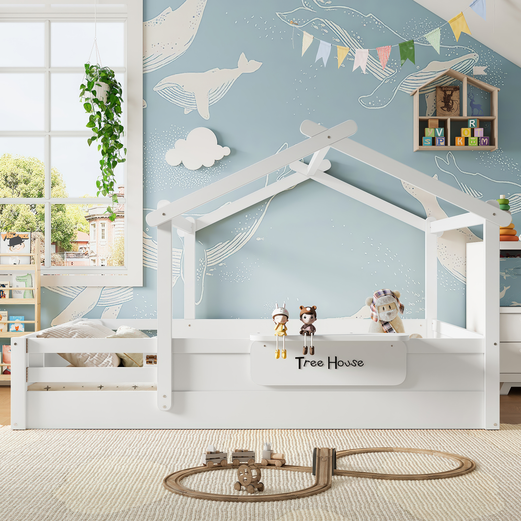 Queen Size Floor Bed with Guardrails and Roof, Kids House Floor Bed with a Small Built-in Tray and Free-installed Signboard, Childlike Design, White - Image 1