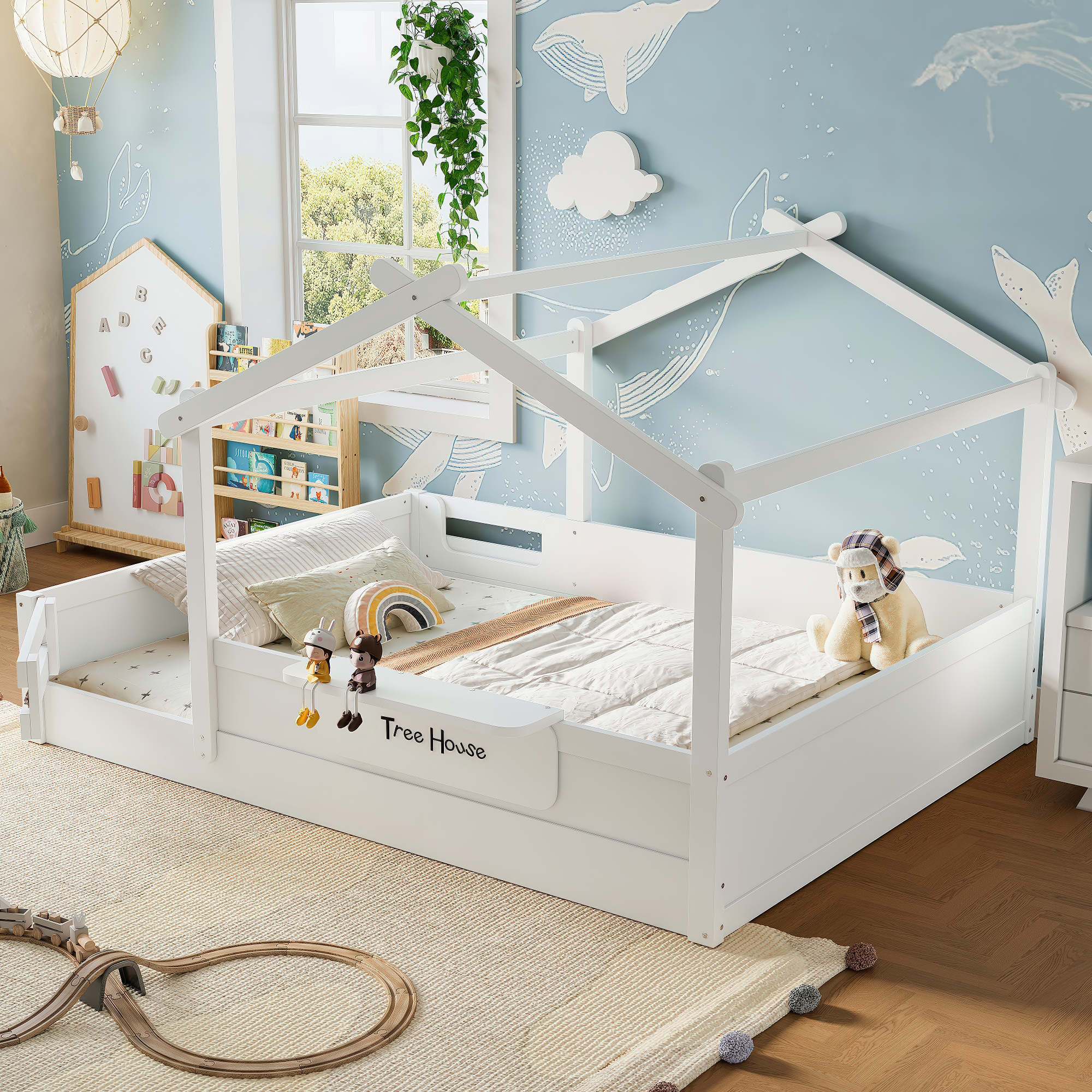 Queen Size Floor Bed with Guardrails and Roof, Kids House Floor Bed with a Small Built-in Tray and Free-installed Signboard, Childlike Design, White - Image 2