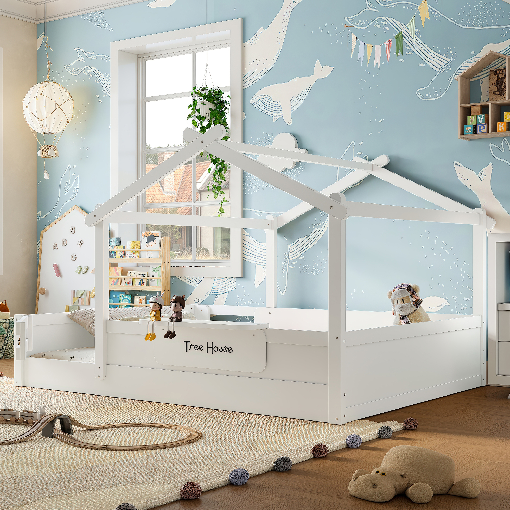 Queen Size Floor Bed with Guardrails and Roof, Kids House Floor Bed with a Small Built-in Tray and Free-installed Signboard, Childlike Design, White - Image 3