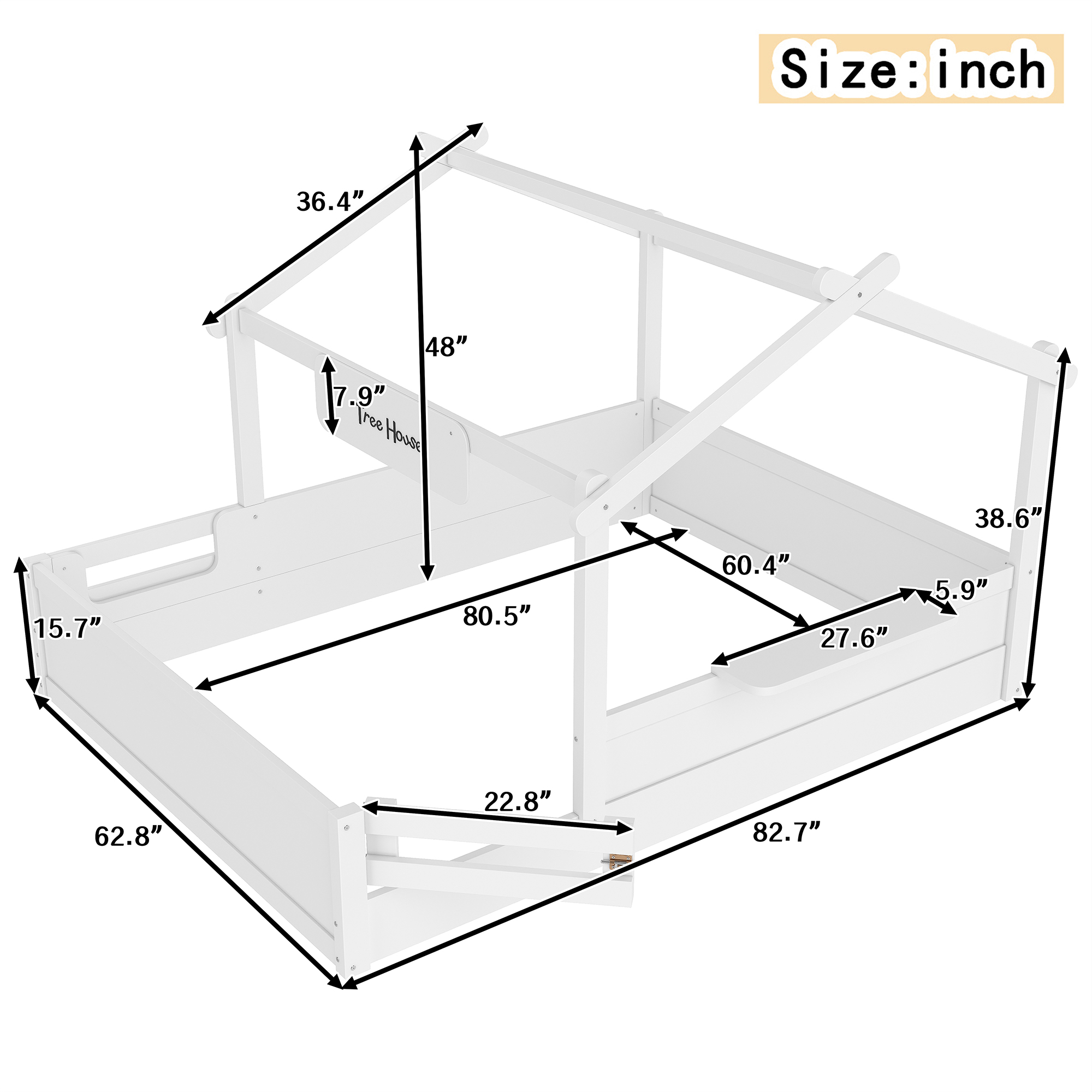 Queen Size Floor Bed with Guardrails and Roof, Kids House Floor Bed with a Small Built-in Tray and Free-installed Signboard, Childlike Design, White - Image 4