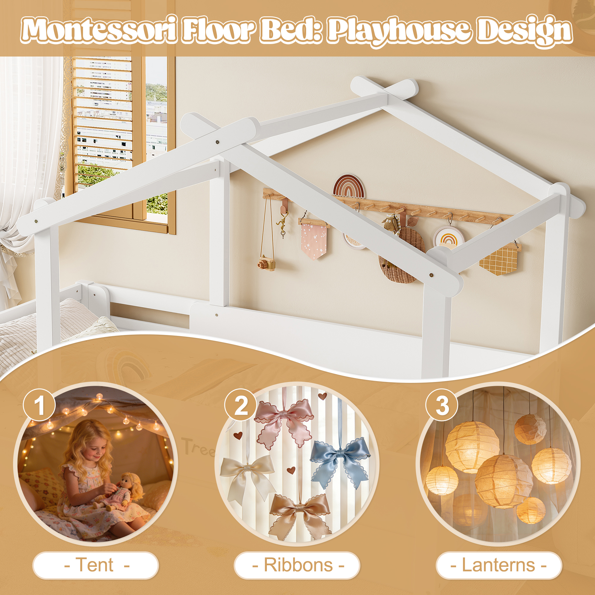 Queen Size Floor Bed with Guardrails and Roof, Kids House Floor Bed with a Small Built-in Tray and Free-installed Signboard, Childlike Design, White - Image 5