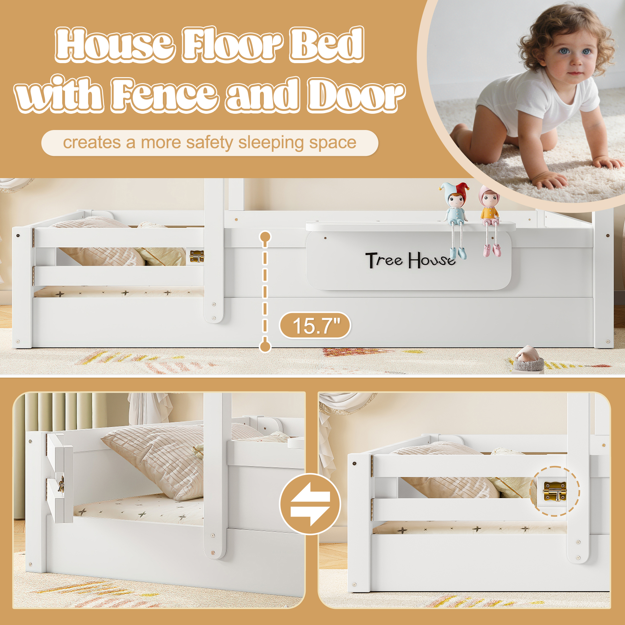Queen Size Floor Bed with Guardrails and Roof, Kids House Floor Bed with a Small Built-in Tray and Free-installed Signboard, Childlike Design, White - Image 6