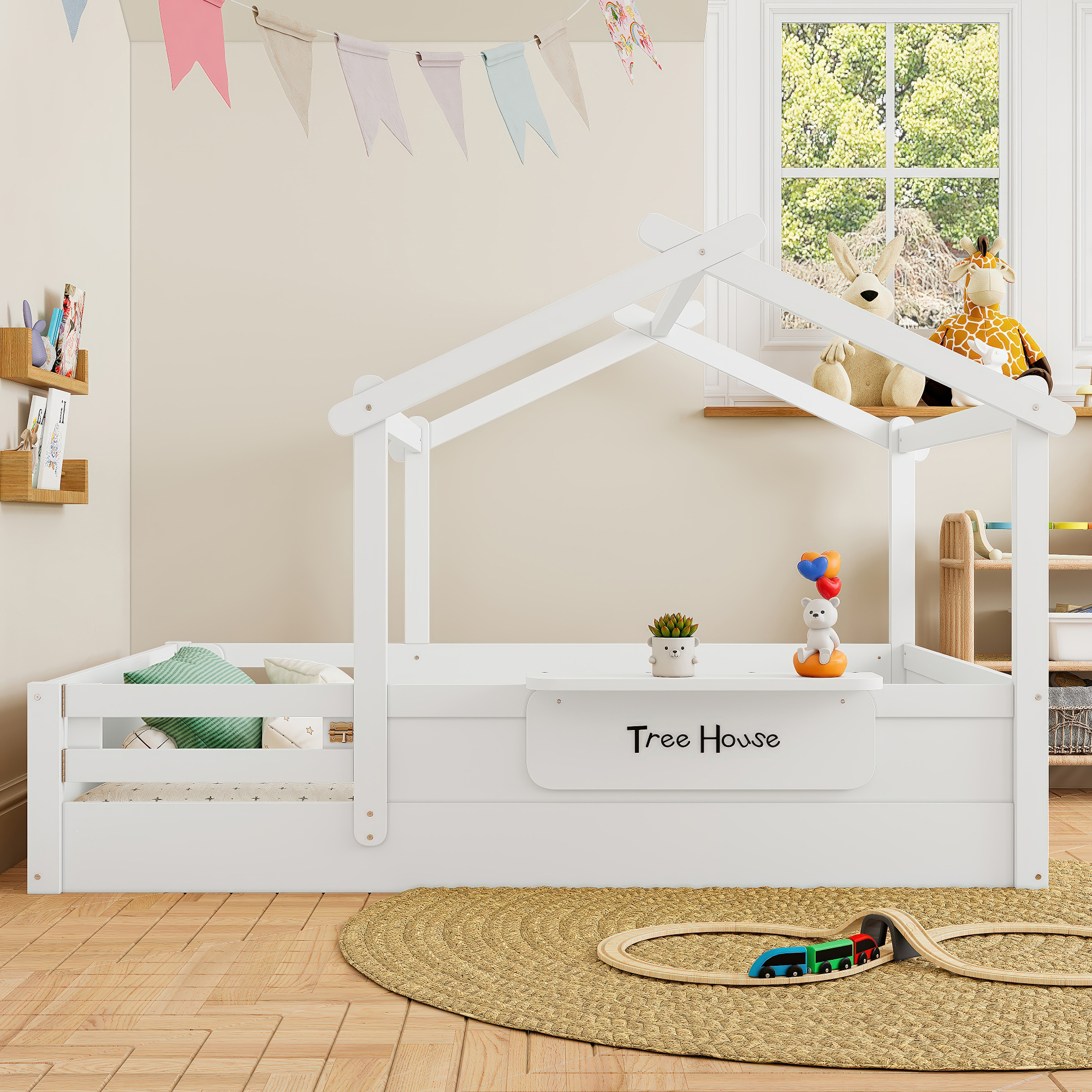 Full Size Floor Bed with Guardrails and Roof, Kids House Floor Bed with a Small Built-in Tray and Free-installed Signboard, Childlike Design, White - Image 2