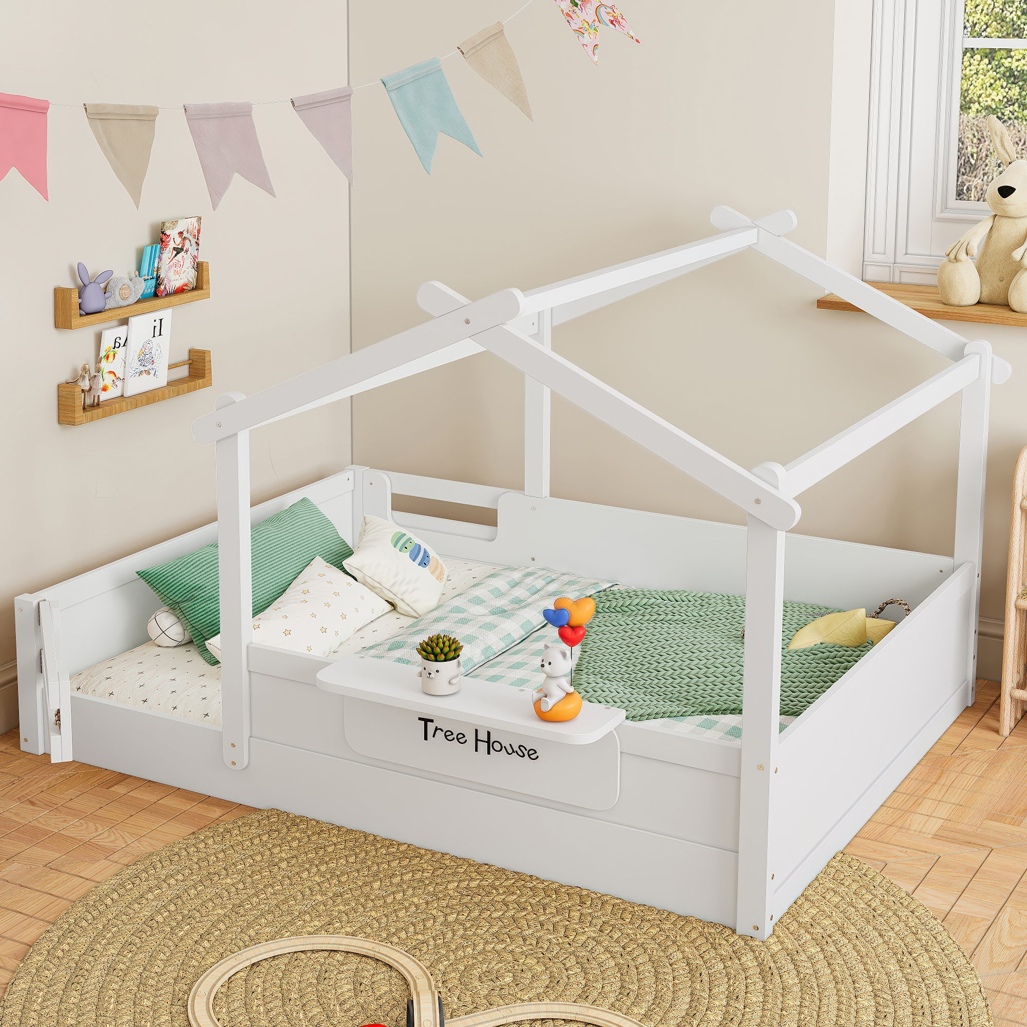 Full Size Floor Bed with Guardrails and Roof, Kids House Floor Bed with a Small Built-in Tray and Free-installed Signboard, Childlike Design, White - Image 3