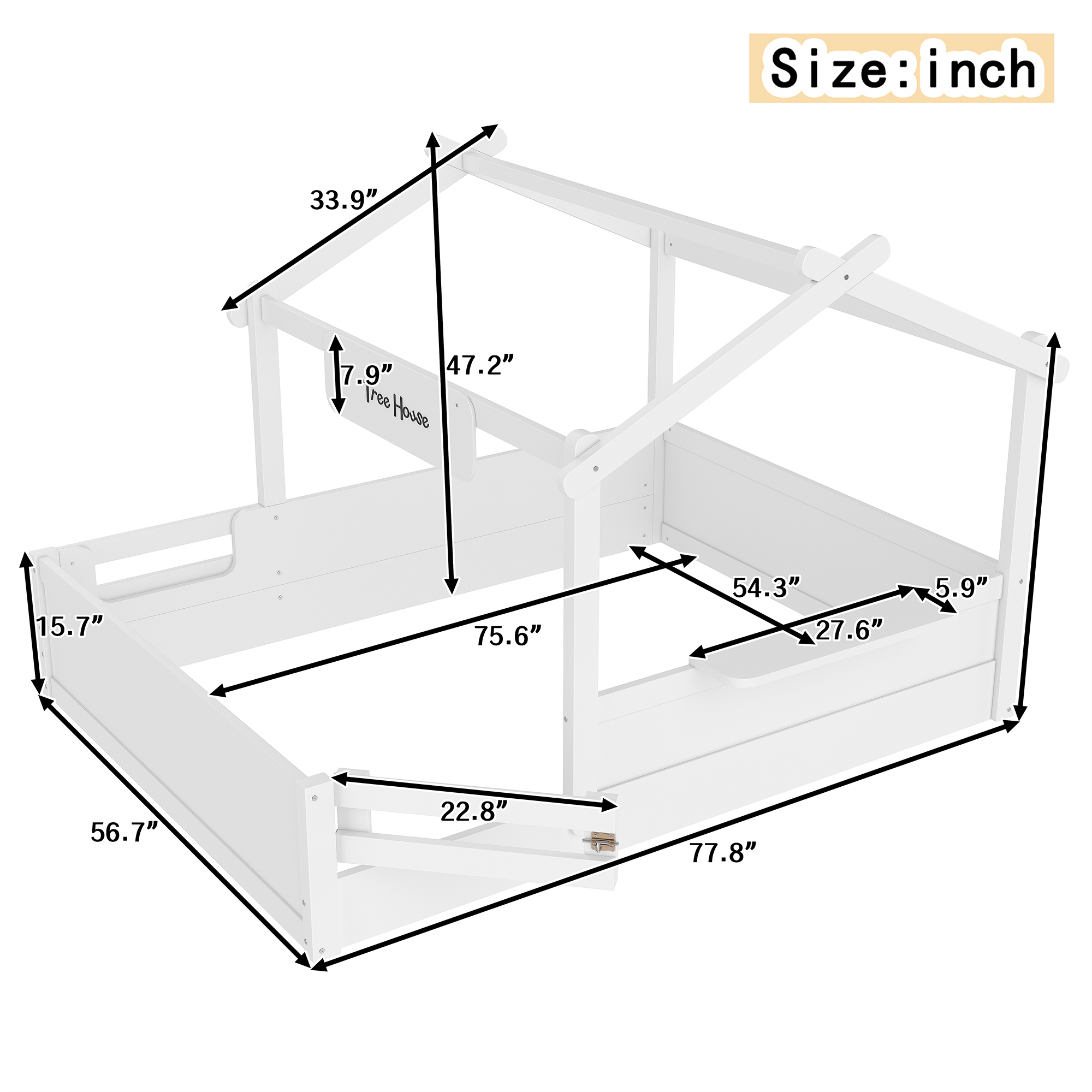Full Size Floor Bed with Guardrails and Roof, Kids House Floor Bed with a Small Built-in Tray and Free-installed Signboard, Childlike Design, White - Image 4