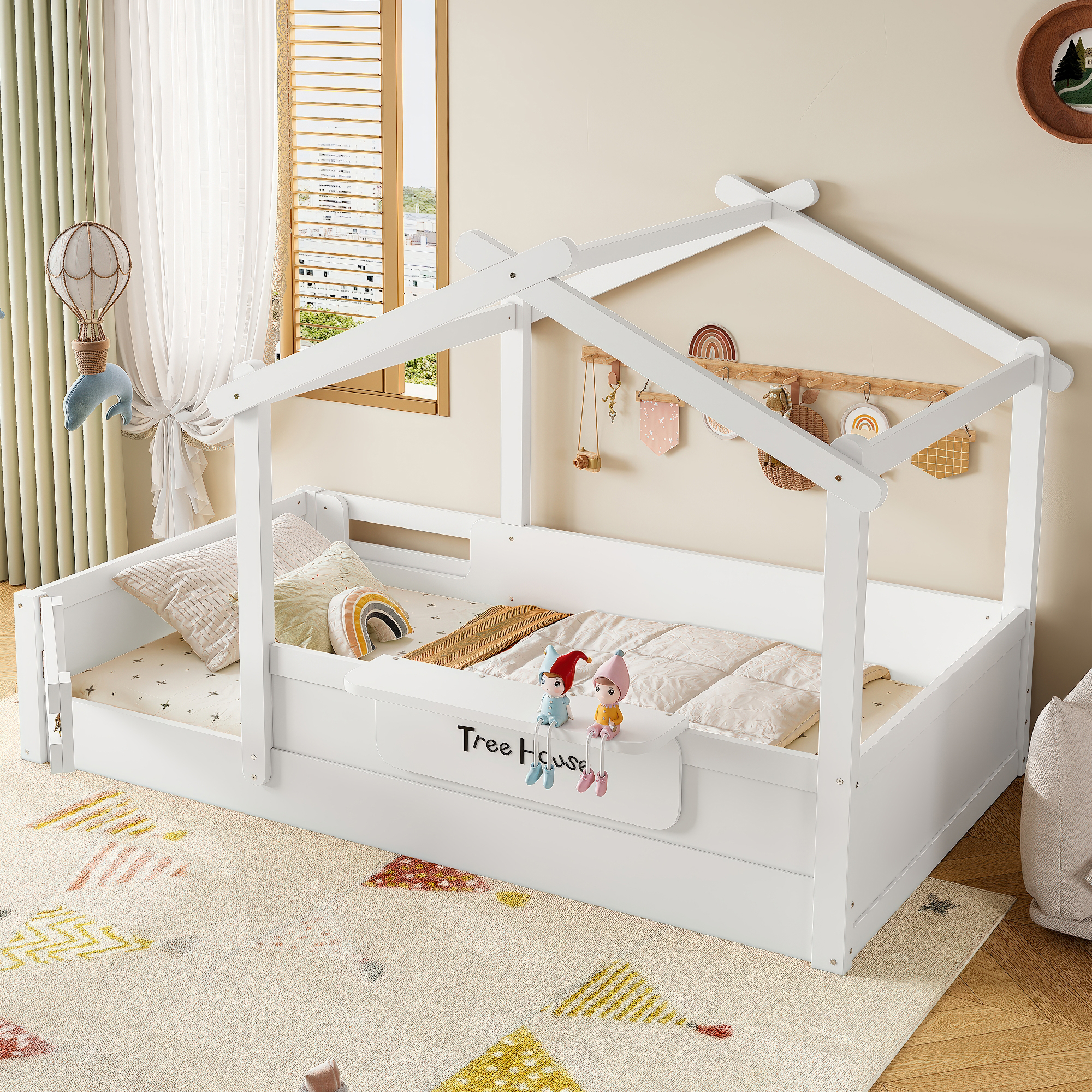 Twin Size Floor Bed with Guardrails and Roof, Kids House Floor Bed with a Small Built-in Tray and Free-installed Signboard, Childlike Design, White - Image 2