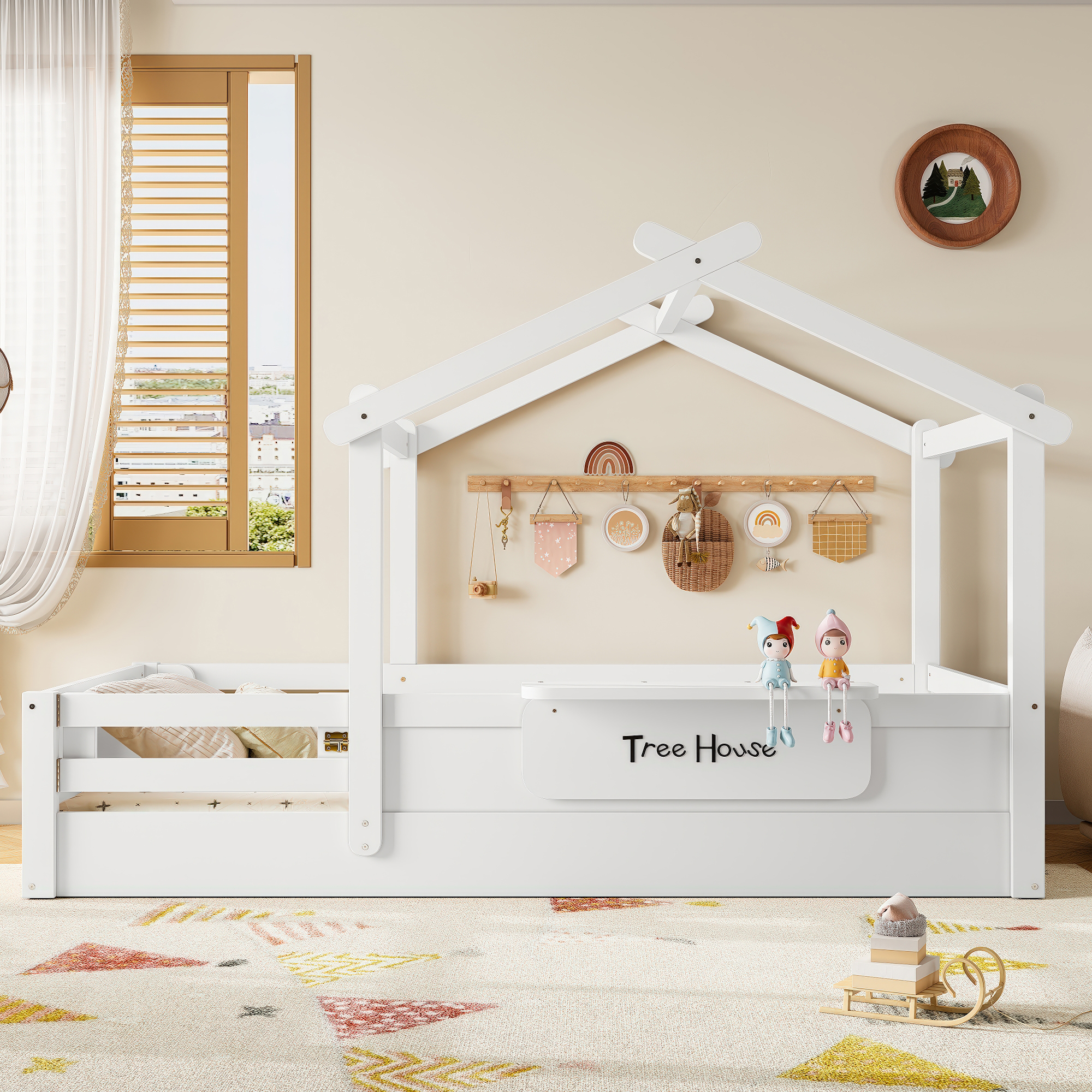 Twin Size Floor Bed with Guardrails and Roof, Kids House Floor Bed with a Small Built-in Tray and Free-installed Signboard, Childlike Design, White - Image 3