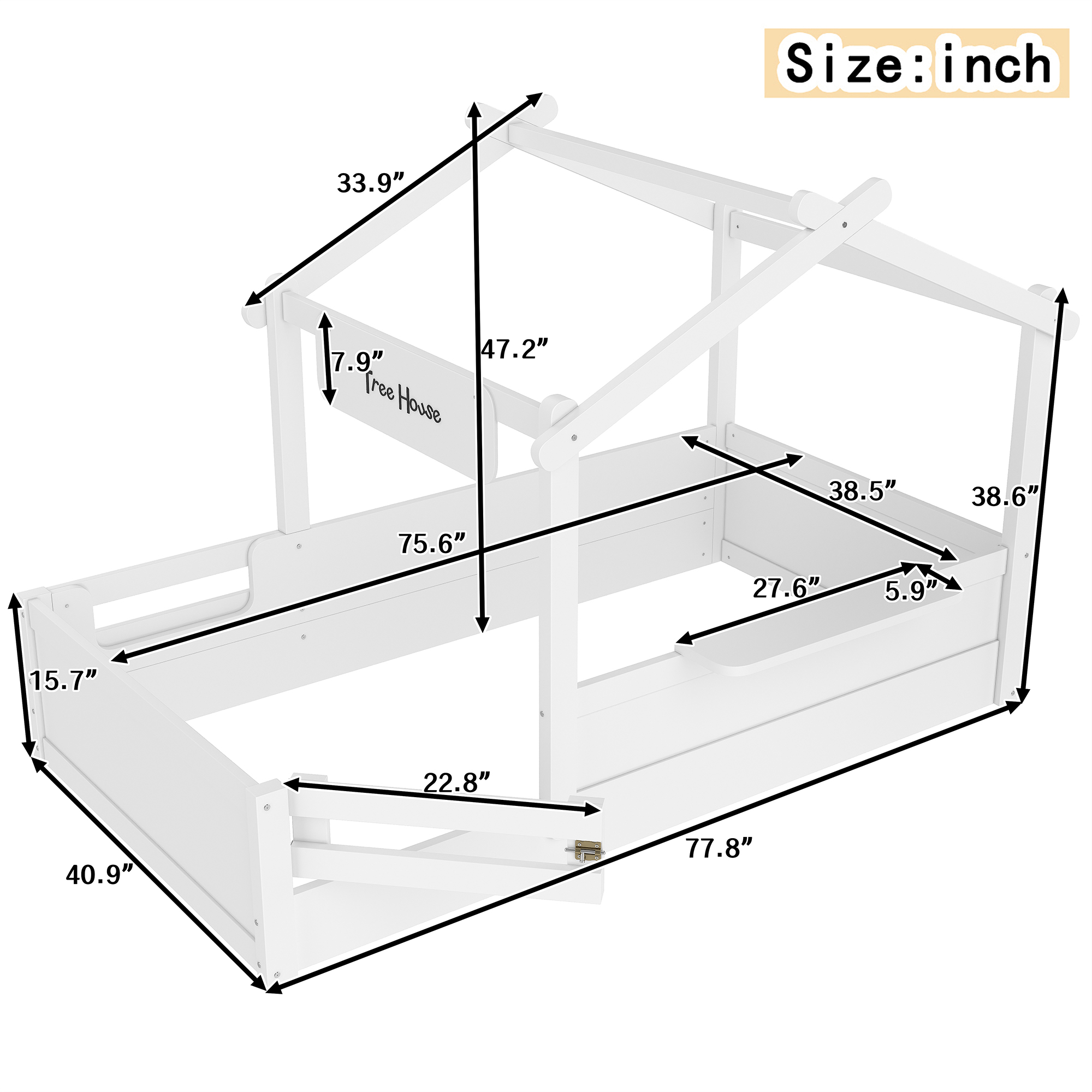 Twin Size Floor Bed with Guardrails and Roof, Kids House Floor Bed with a Small Built-in Tray and Free-installed Signboard, Childlike Design, White - Image 4