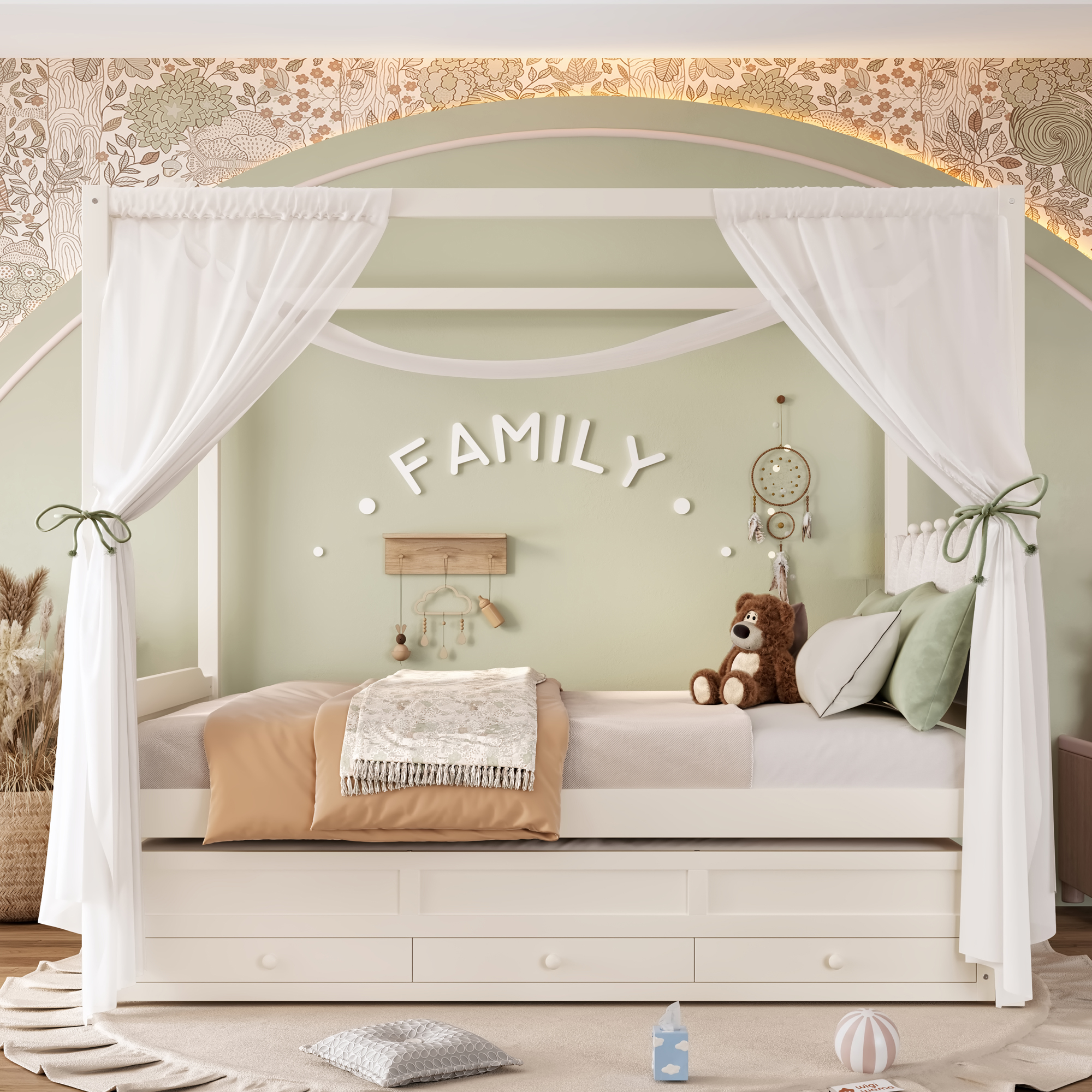 Full Platform Bed with Upholstered Headboard,Twin Size Trundle and 3 Drawers,Princess Canopy Bed Frame for Kids,Storage & Easy Assembly,Beige. - Image 2