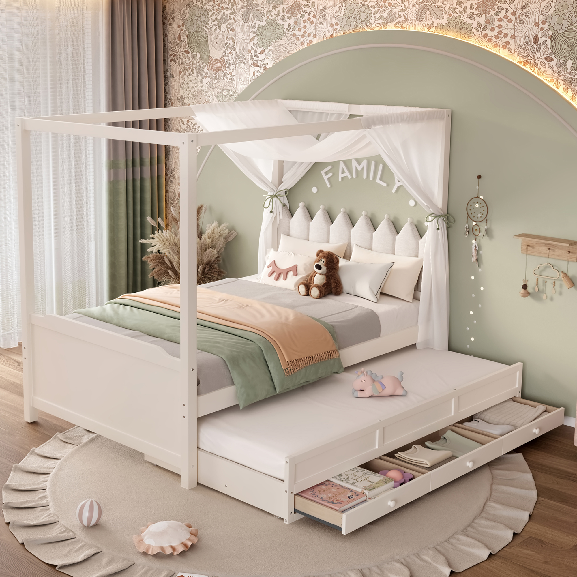 Full Platform Bed with Upholstered Headboard,Twin Size Trundle and 3 Drawers,Princess Canopy Bed Frame for Kids,Storage & Easy Assembly,Beige. - Image 3