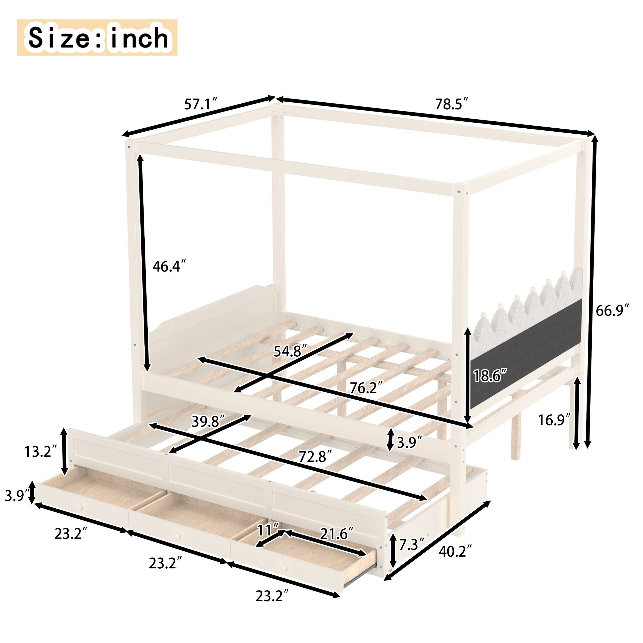 Full Platform Bed with Upholstered Headboard,Twin Size Trundle and 3 Drawers,Princess Canopy Bed Frame for Kids,Storage & Easy Assembly,Beige. - Image 4