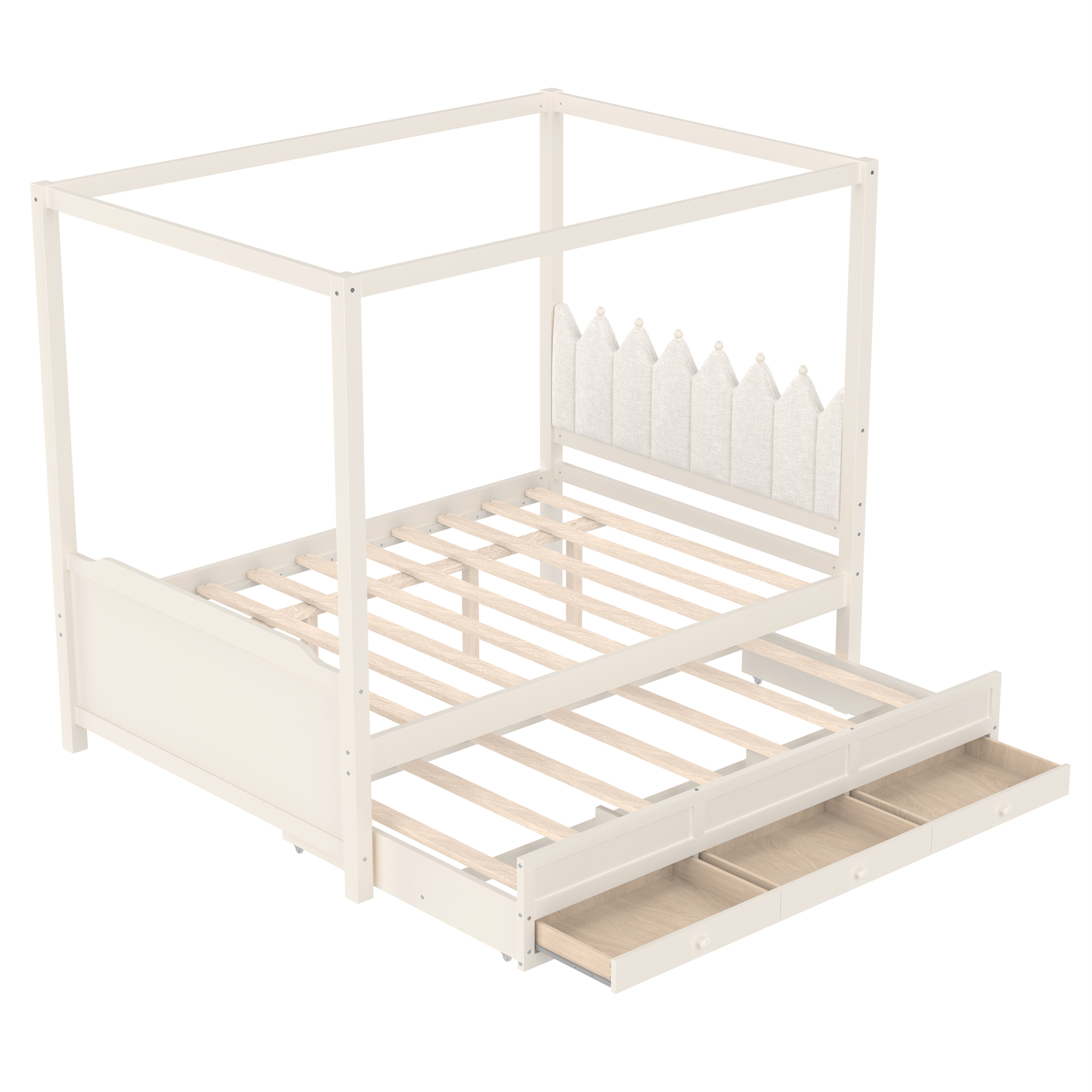 Full Platform Bed with Upholstered Headboard,Twin Size Trundle and 3 Drawers,Princess Canopy Bed Frame for Kids,Storage & Easy Assembly,Beige. - Image 5