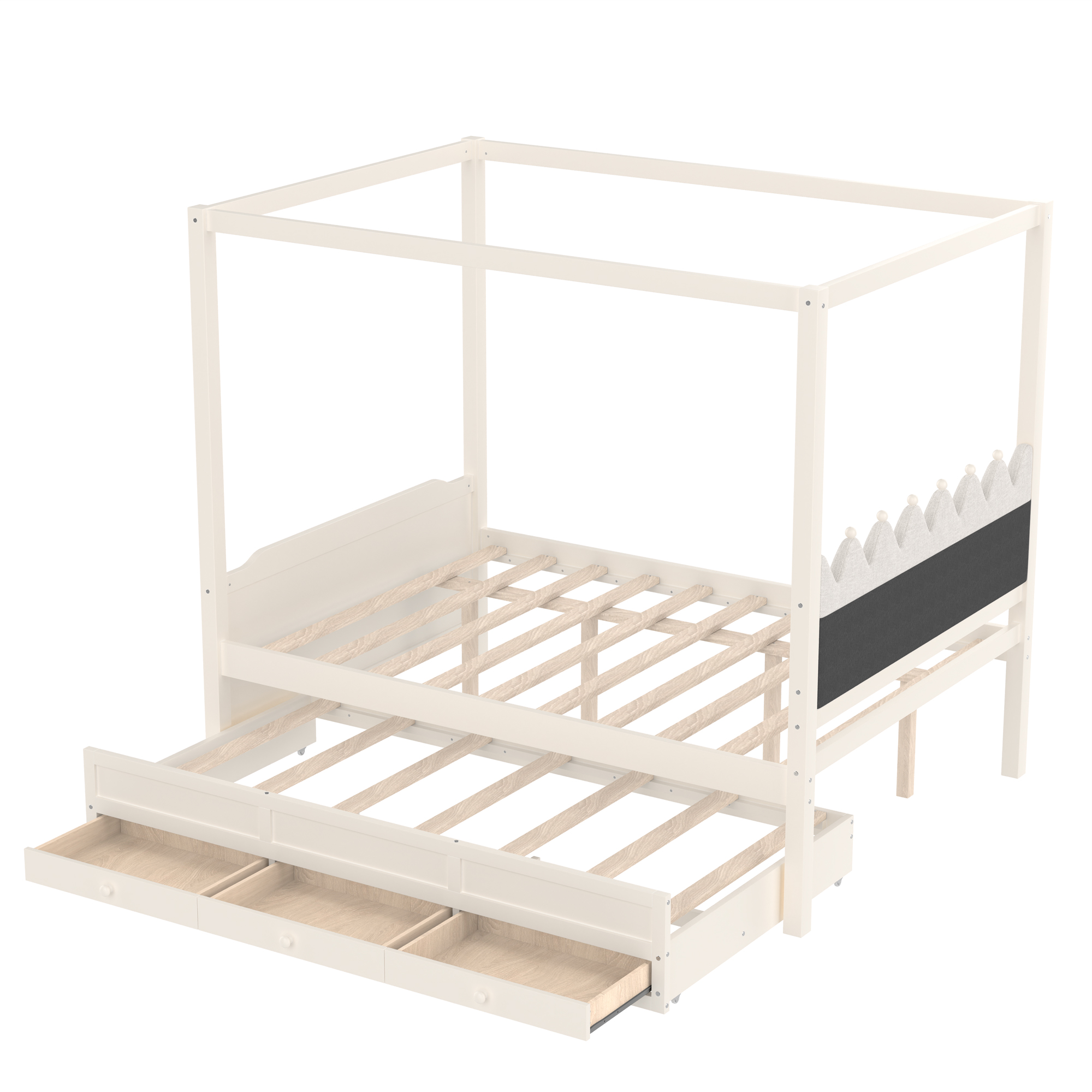 Full Platform Bed with Upholstered Headboard,Twin Size Trundle and 3 Drawers,Princess Canopy Bed Frame for Kids,Storage & Easy Assembly,Beige. - Image 6
