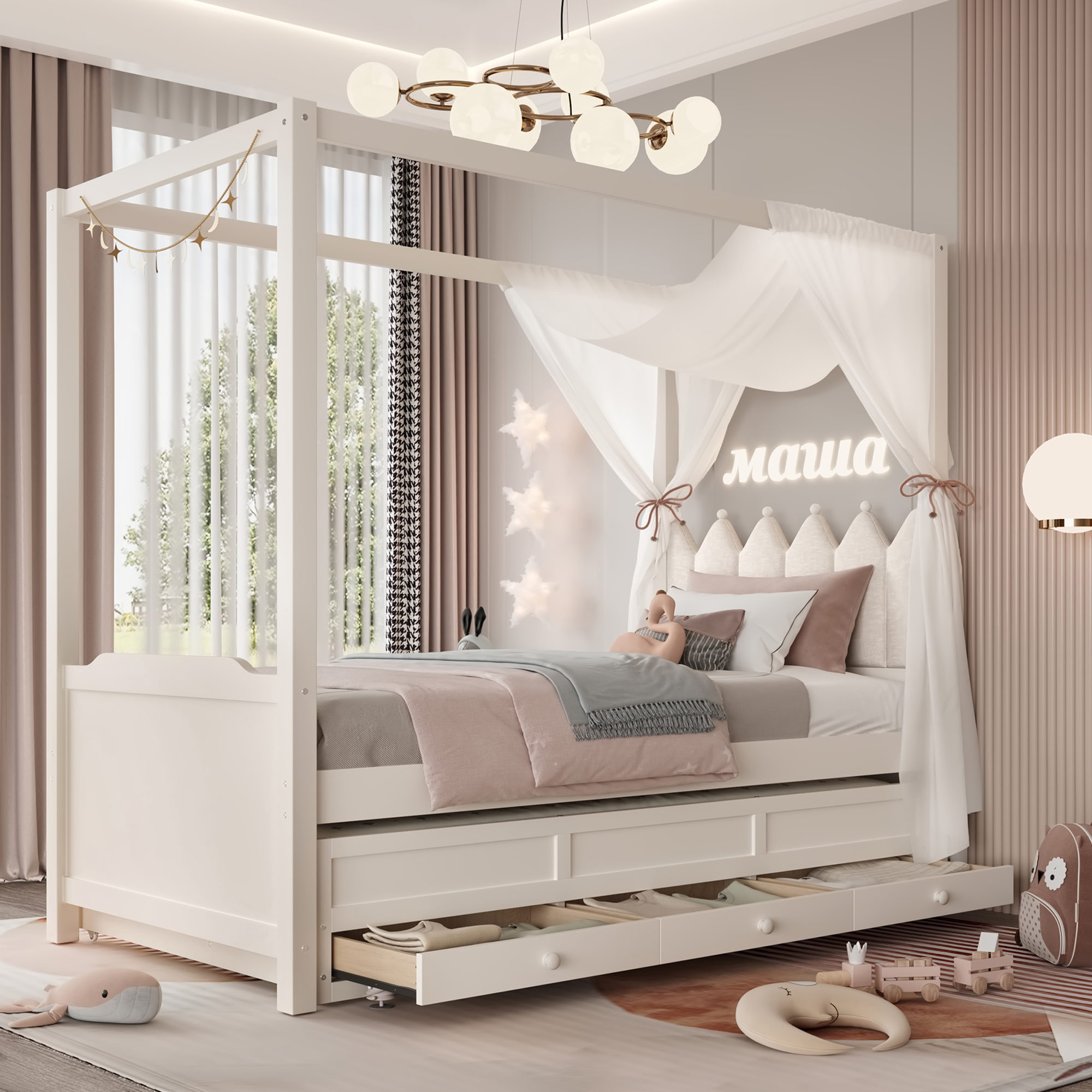 Twin Platform Bed with Upholstered Headboard,Twin Size Trundle and 3 Drawers,Princess Canopy Bed Frame for Kids,Storage & Easy Assembly,Beige - Image 1