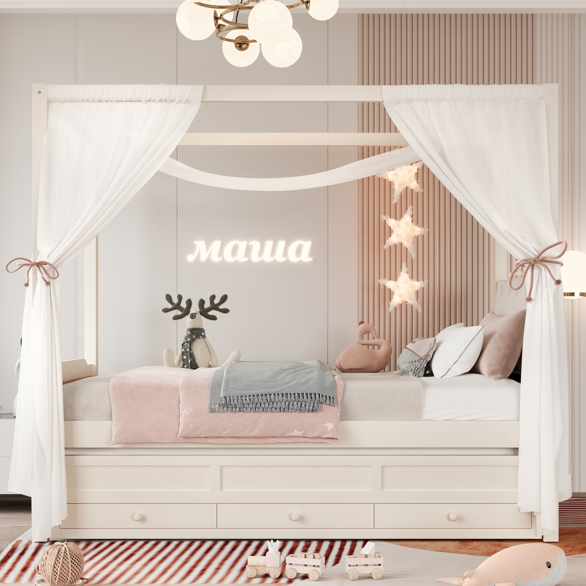 Twin Platform Bed with Upholstered Headboard,Twin Size Trundle and 3 Drawers,Princess Canopy Bed Frame for Kids,Storage & Easy Assembly,Beige - Image 2